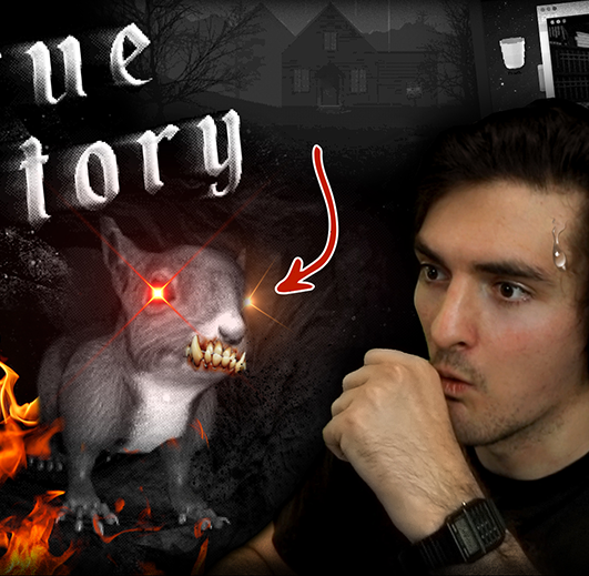 digital color collage containing a white male with a surprised expression staring at a large rat with sparkling red eyes and large exposed teeth
