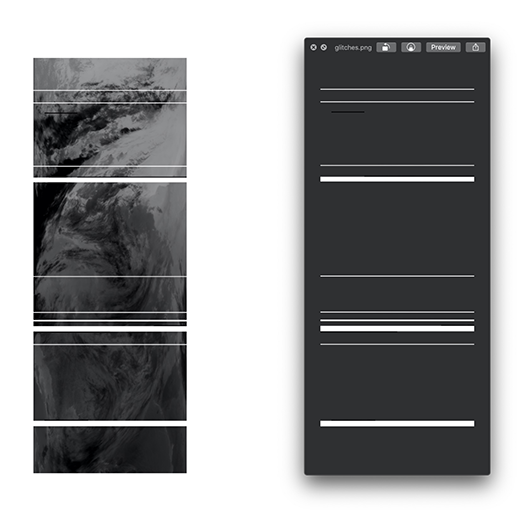 a white square containing a black and white abstract photo with white horizontal lines and a computer browser with matching white horizontal lines