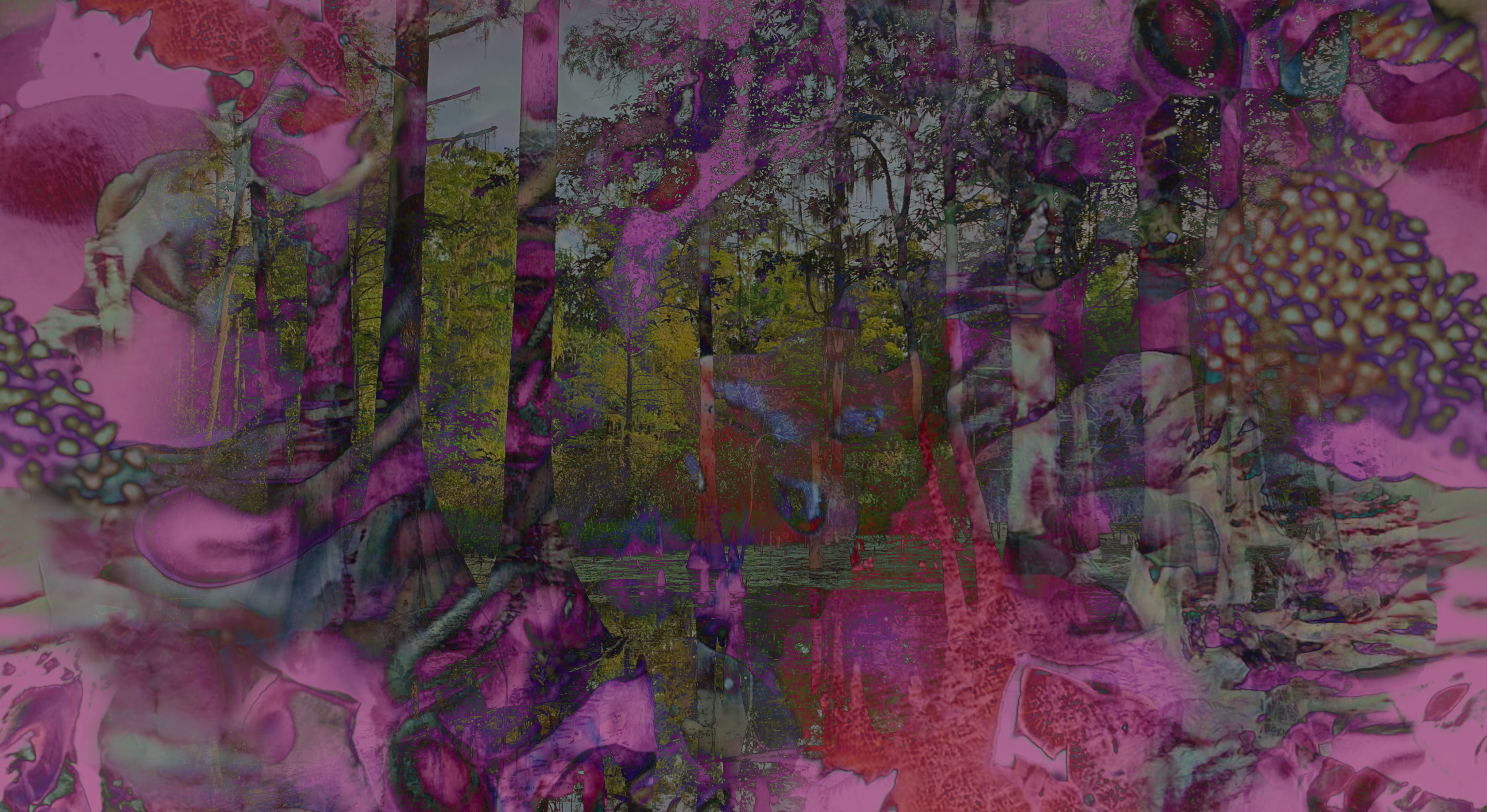 Cyprus trees set in blend-mode difference over a tiled layer made from GAN generated imagery, all set on a pink background - The Ephemeral Altar & The Floating Grave - Hannah Suzanna