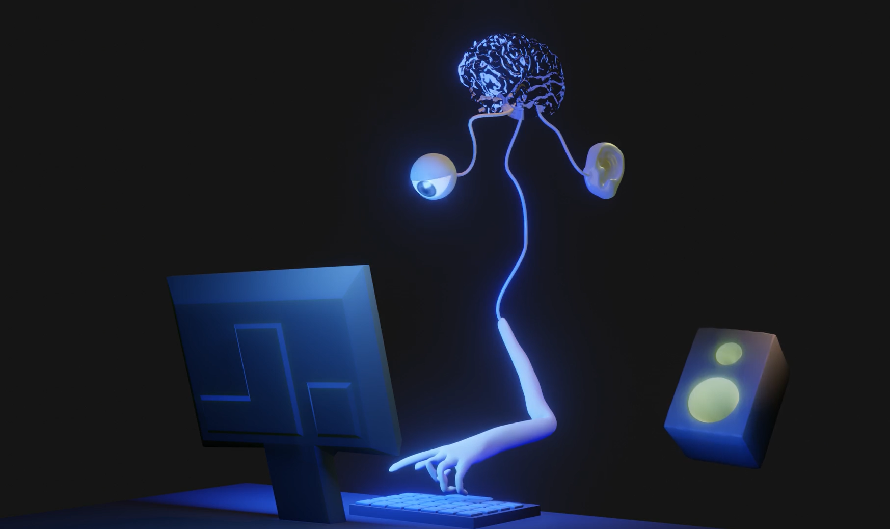 Computer generated image of a brain (top, middle) with an eye (left), ear (right) and arm (bottom, middle) branching out. The eye and arm are working on a computer (eye staring at screen, hand typing on a keyboard) while the ear is facing a speaker (right side)