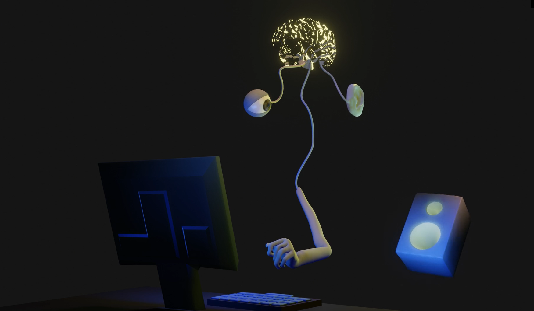 Computer generated image of a brain (top, middle) with an eye (left), ear (right) and arm (bottom, middle) branching out. The eye and arm are no longer working on the computer because the speaker is pulling their attention away (music is too salient)