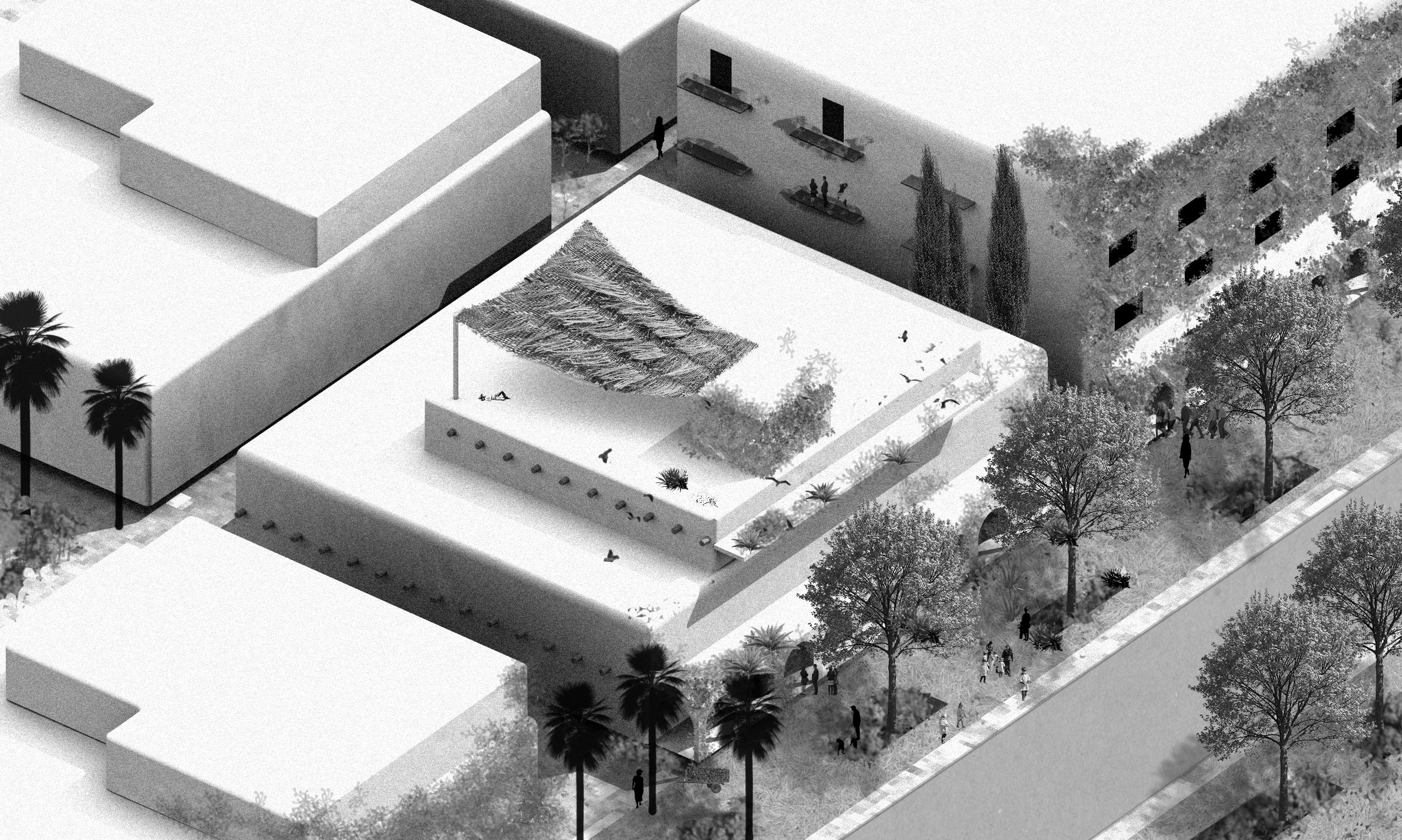 Axonometric drawing of new co-op building in new town in the Central Valley
