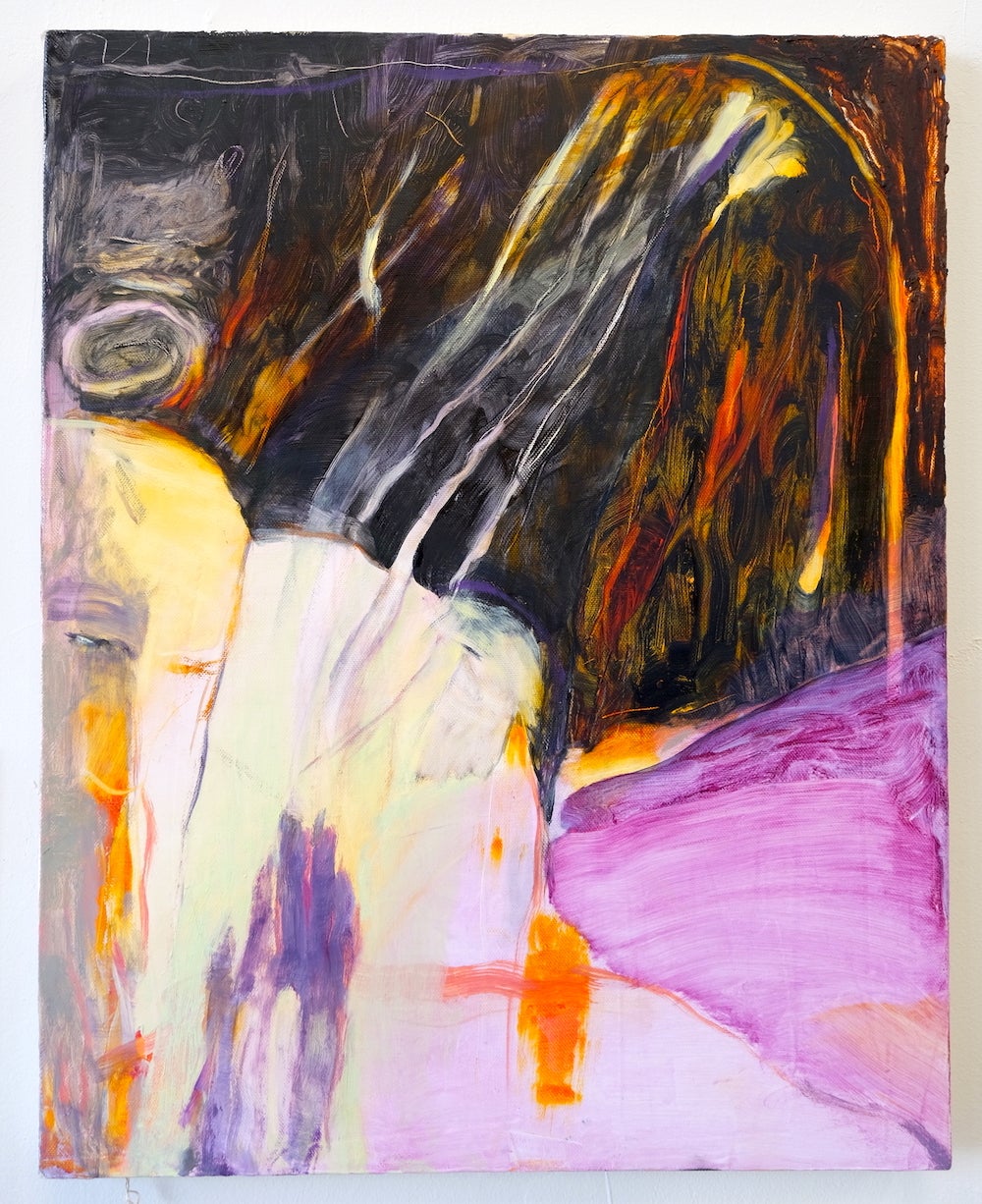 Photo of a painting in which one figure holds another, maybe lying down, and the space dances with underpainting glow.
