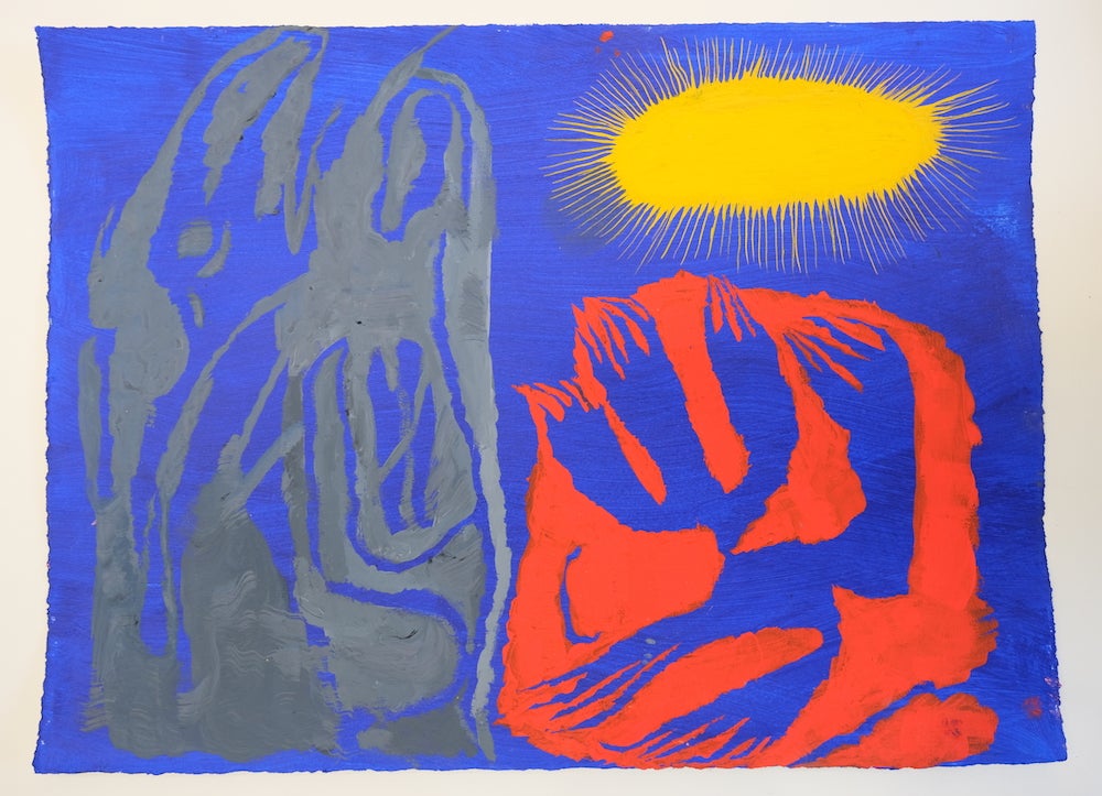 Photo of a drawing in primary colors with pointy, totemic shapes and a spindly yellow sun