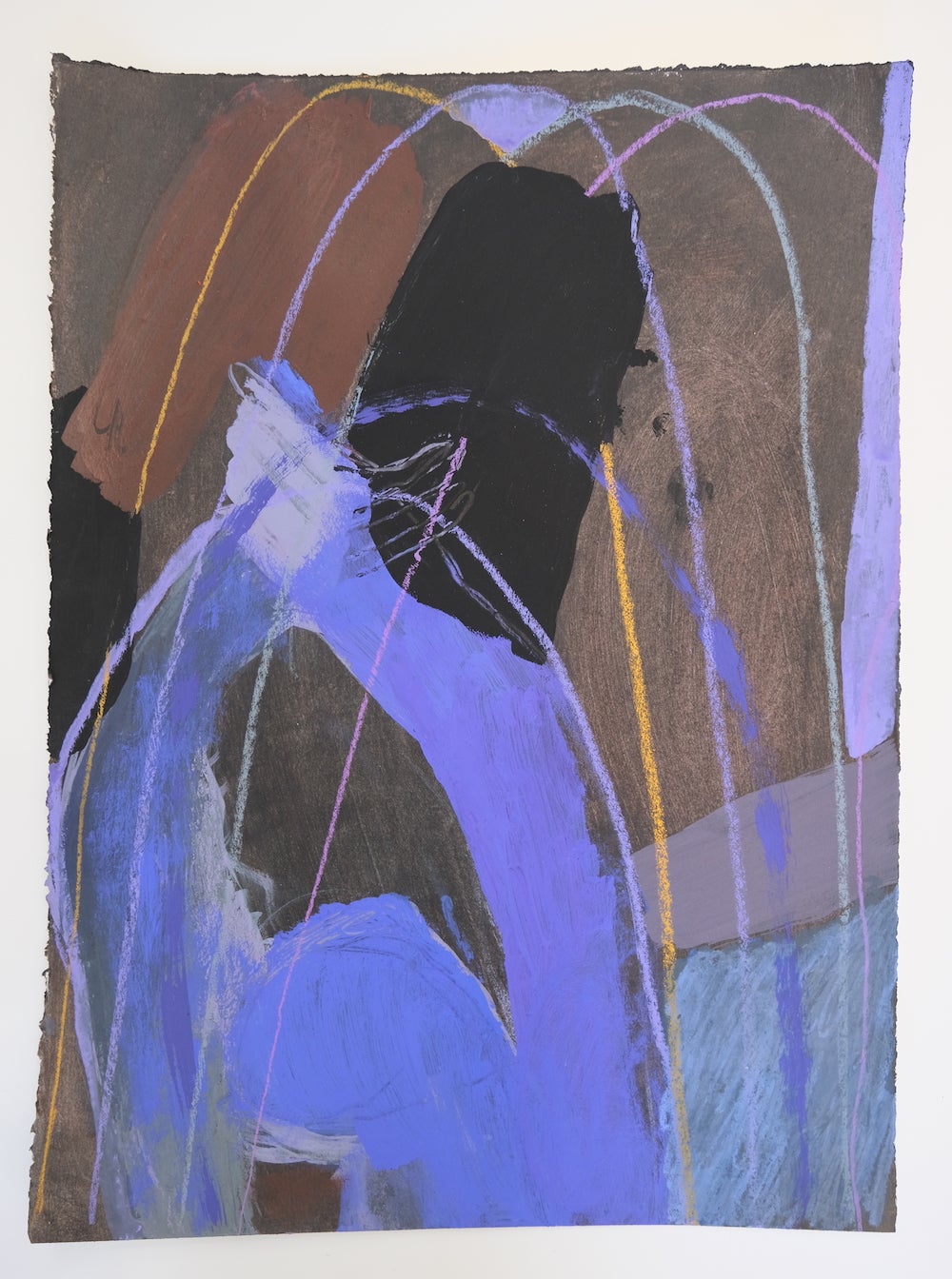 Photo of a drawing in grey purple and maroon. There's a figure with arms overhead making an arch coming off the left side of the page.