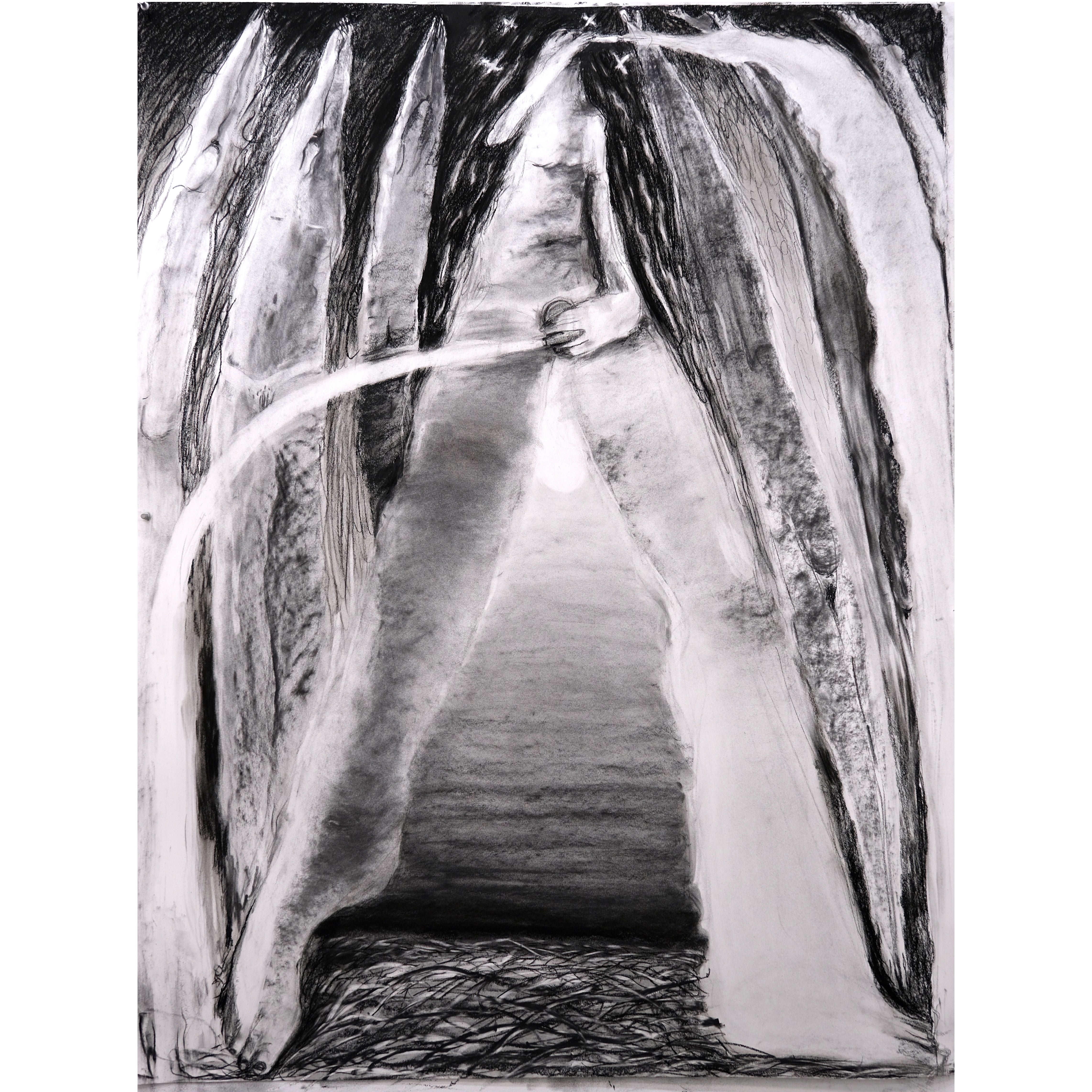 Photo of a charcoal drawing of a figure pissing and smoking in two arcs. Light emanates from a moon above the water, viewed between their legs; Divers launch up and down behind them. 