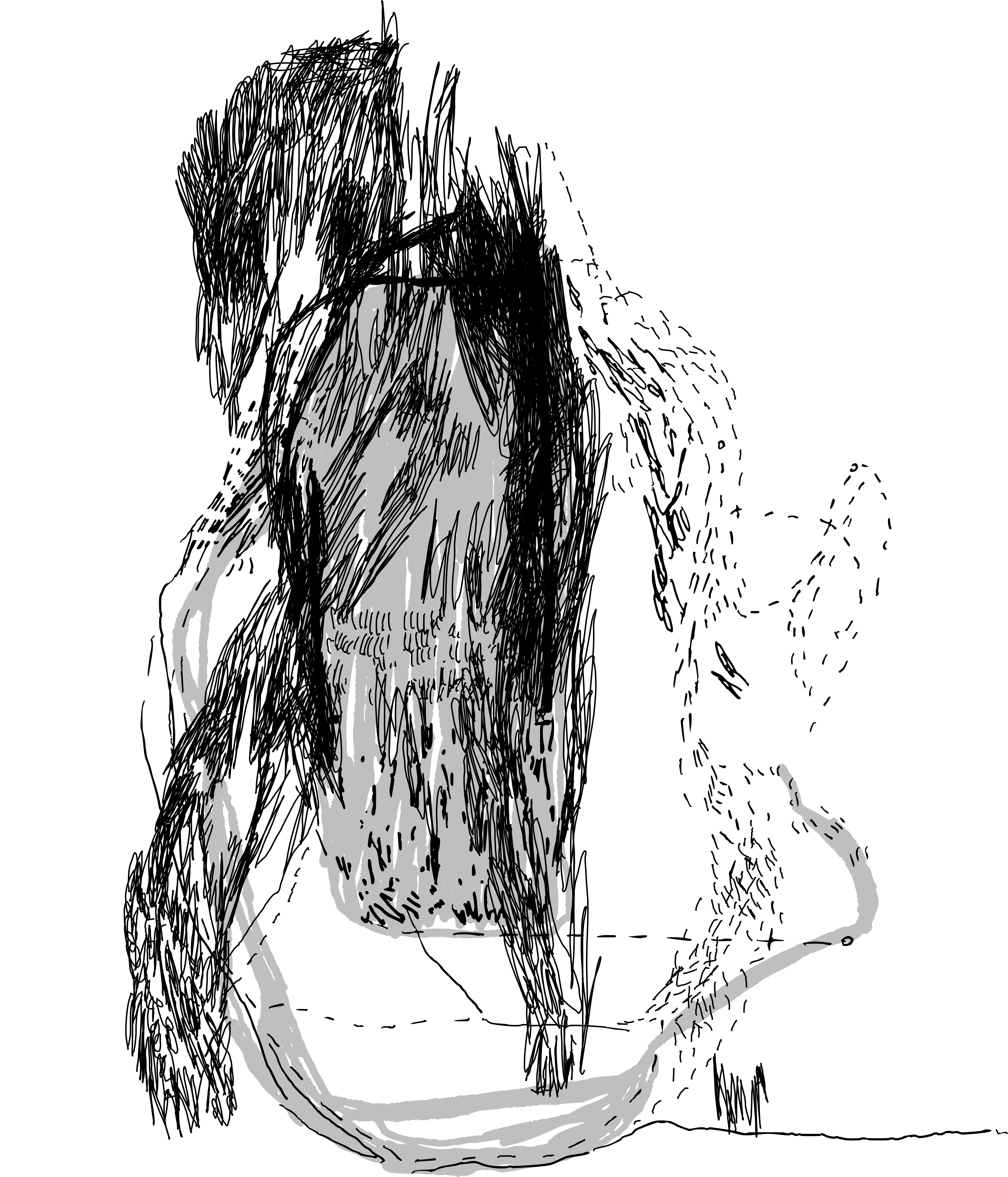 Black line drawing of vigorous scribbles and dotted lines intersecting, like a map, over thicker light grey line and solid block