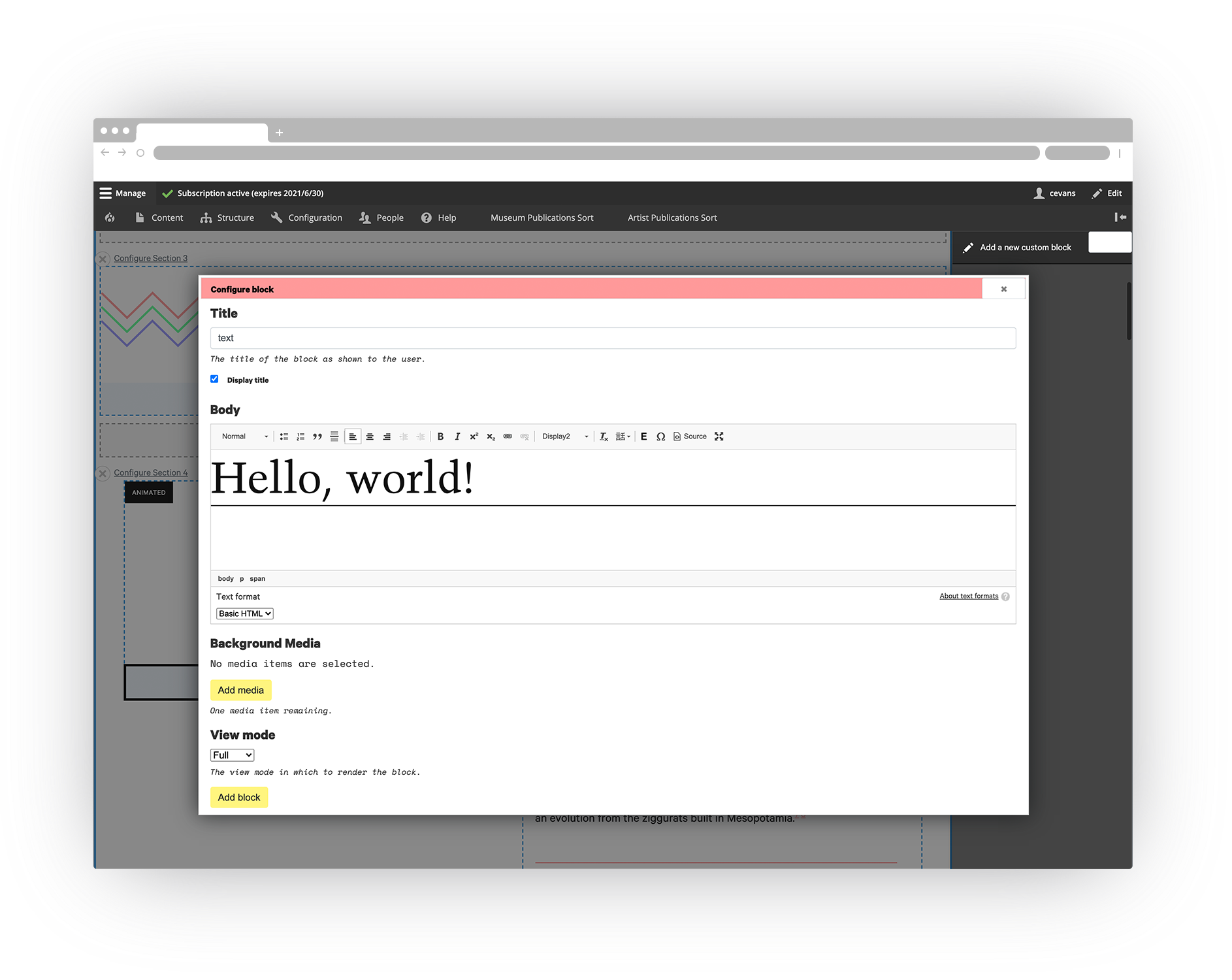 screenshot of the Ziggurat interface, showing a basic block with text that says 'Hello, world!'