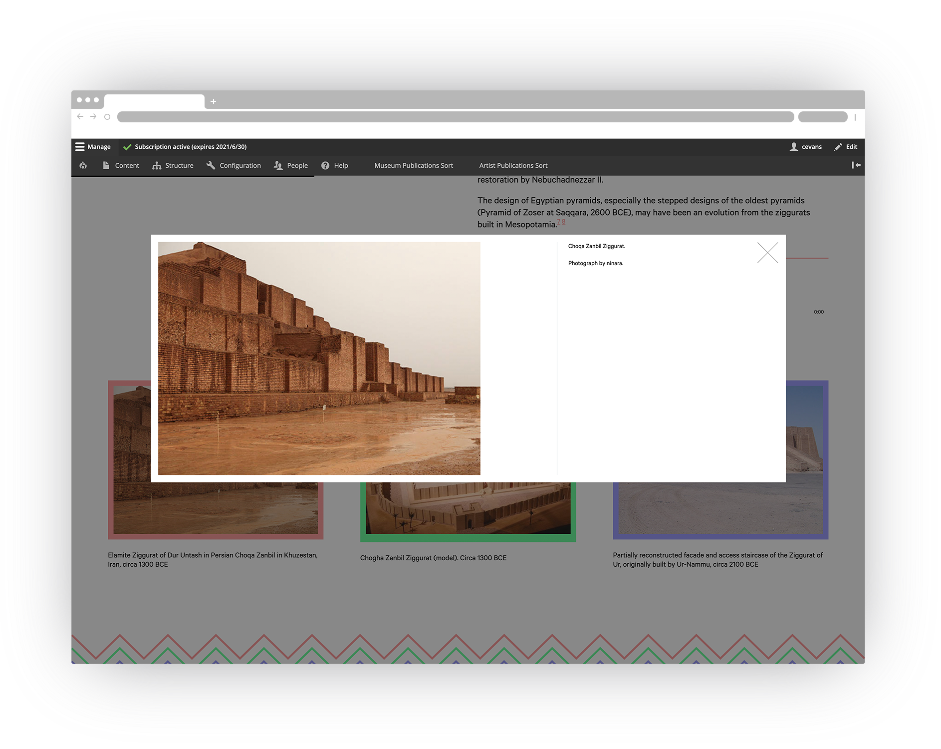 screenshot of the Ziggurat interface, showing a modal window for an image of a ziggurat