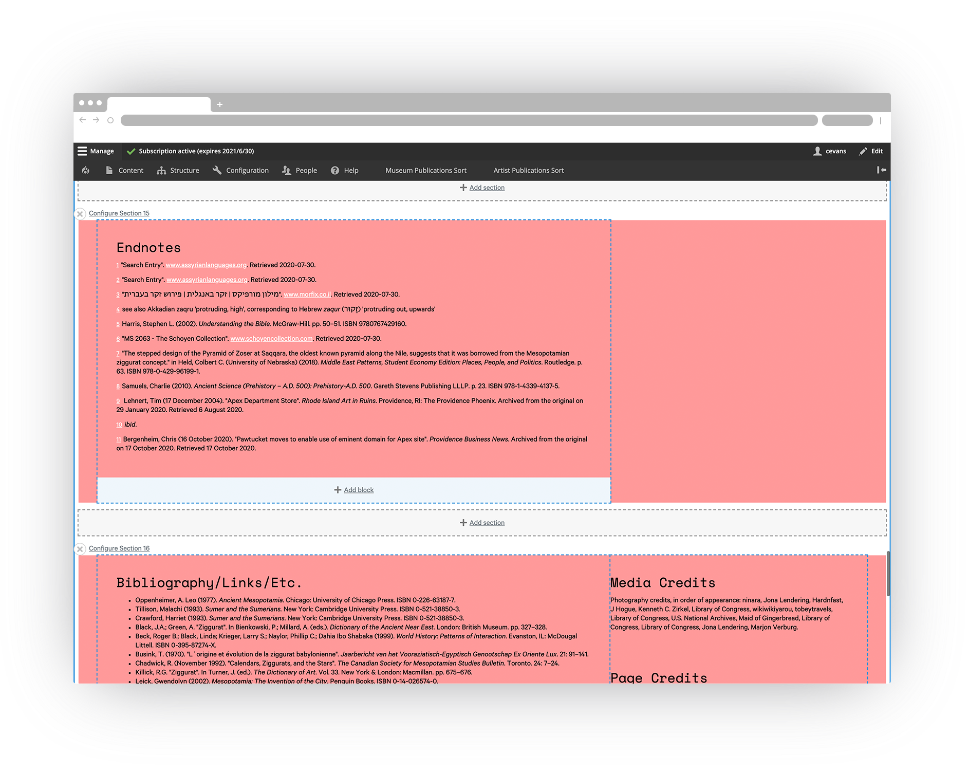 screenshot of the Ziggurat interface, showing Endnotes and Bibliography blocks