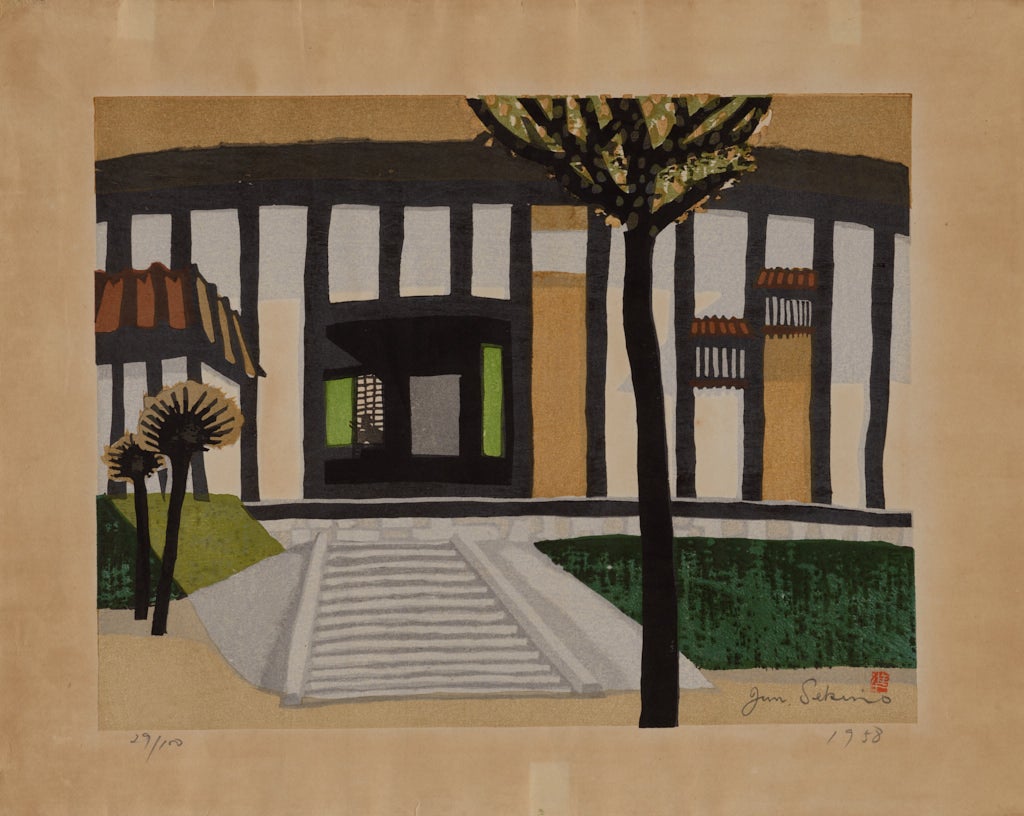 /Print%20depicting%20the%20exterior%20of%20a%20modern%20building%20marked%20with%20strong%20dark%20vertical%20bands.%20Steps%20lead%20to%20a%20door%20at%20center%2C%20with%20a%20small%20tree%20in%20the%20foreground.