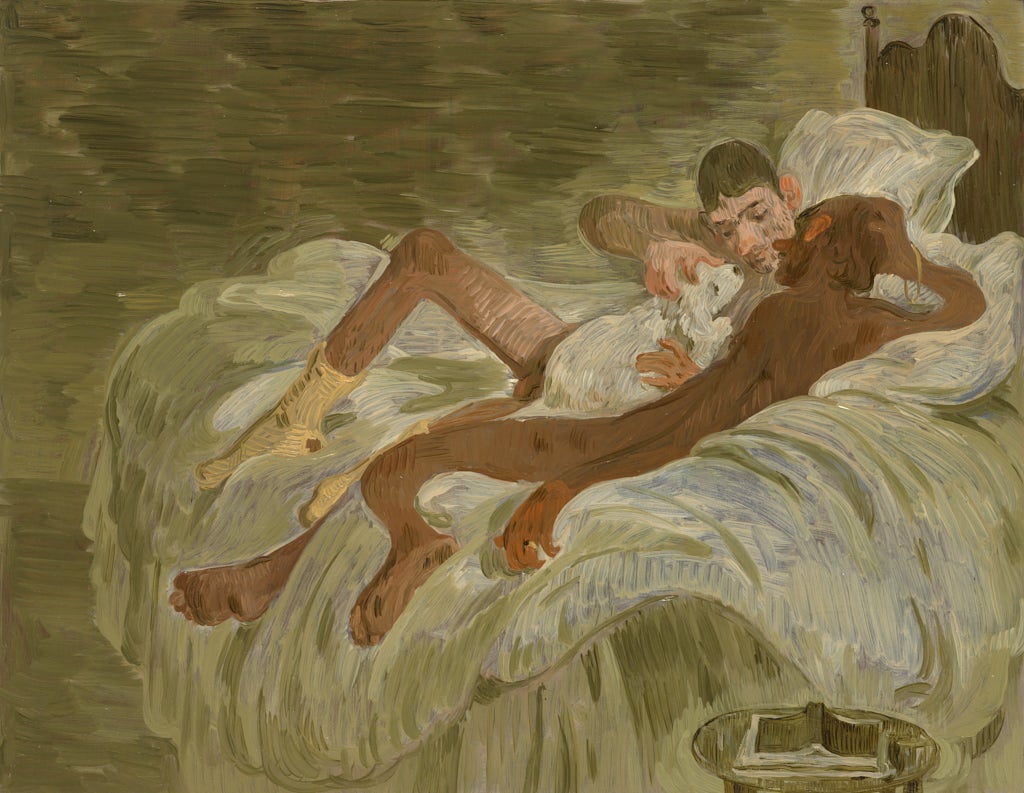 /Painting%20of%20two%20nude%20young%20men--one%20dark-skinned%2C%20the%20other%20light-skinned.%20They%20relax%20on%20a%20bed%20and%20affectionately%20cuddle%20with%20a%20small%20white%20dog.%20Brushwork%20is%20loose%20and%20palette%20is%20muted.