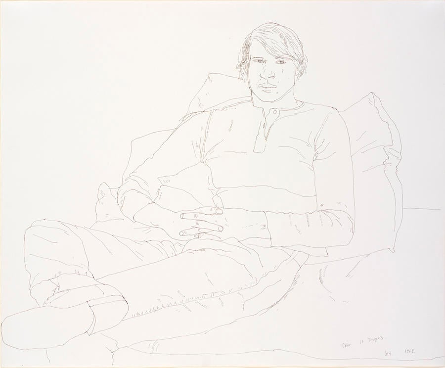 Line drawing of a man. He makes eye contact as he reclines against a pillow, one foot resting on the other knee and his hands clasped in his lap. 