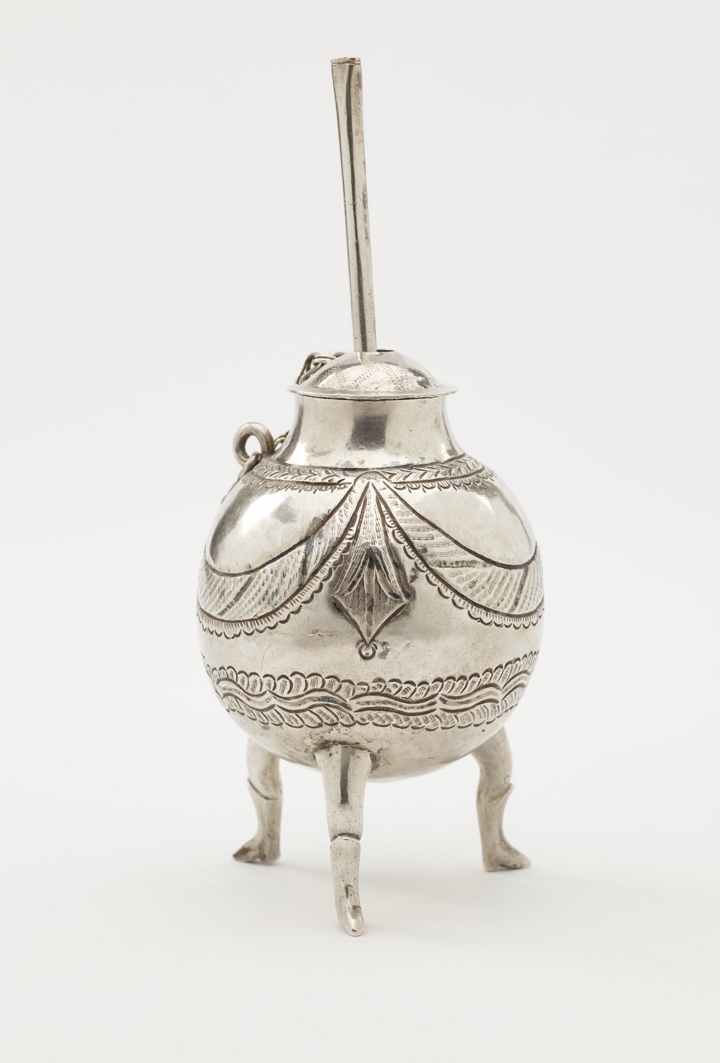 /A%20silver%20covered%20jar%20and%20dipper%20that%20has%20long%20feet%2C%20a%20chain%20connecting%20the%20body%20and%20lid.
