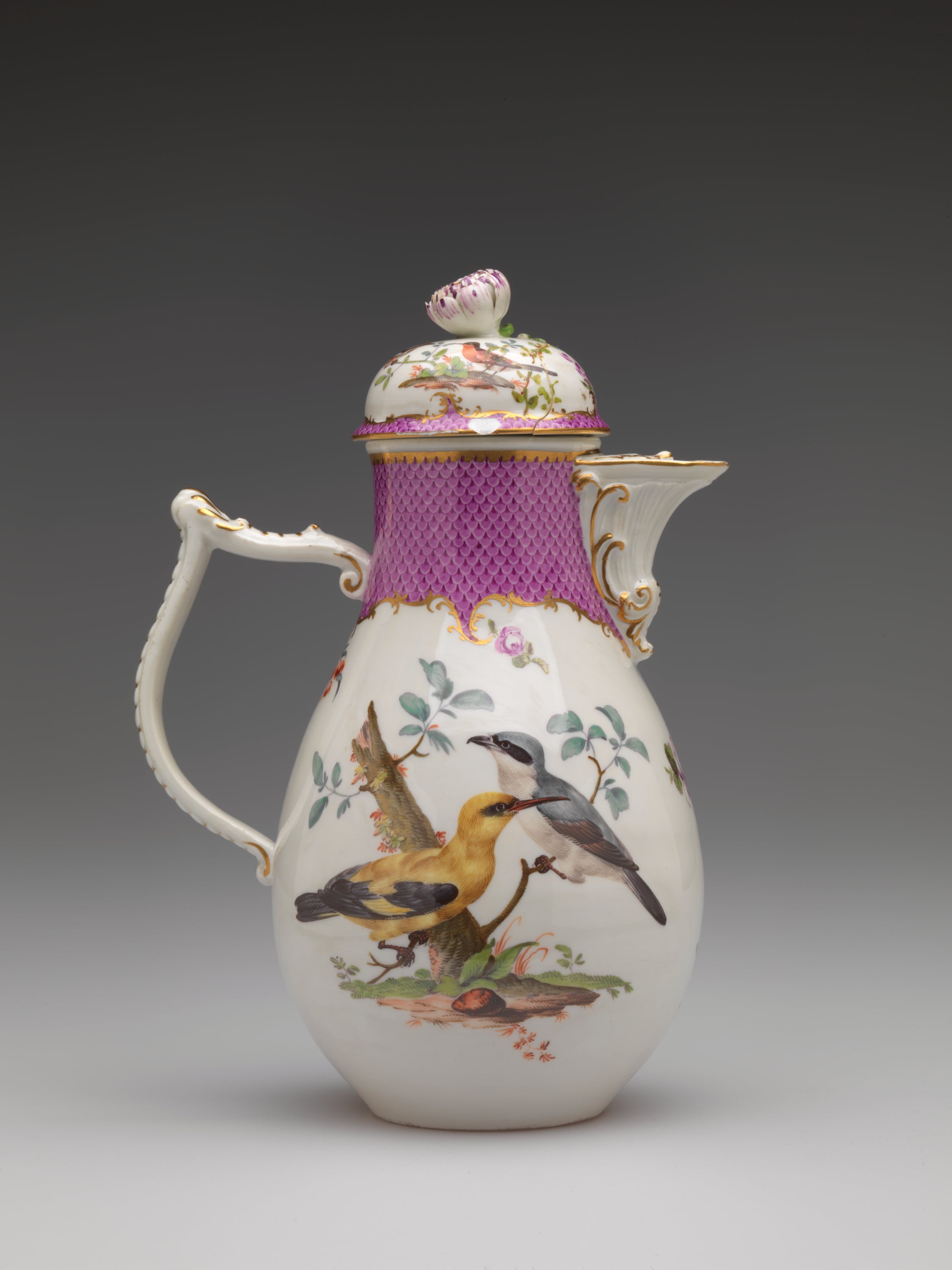 /A%20white%20coffee%20pot%20with%20a%20handle%20and%20spout%2C%20gilded%2C%20pink%2C%20and%20floral%20decorations.%20There%20are%20two%20birds%2C%20blue%20and%20white%2C%20the%20other%20yellow%20and%20black%2C%20both%20positioned%20on%20branches.