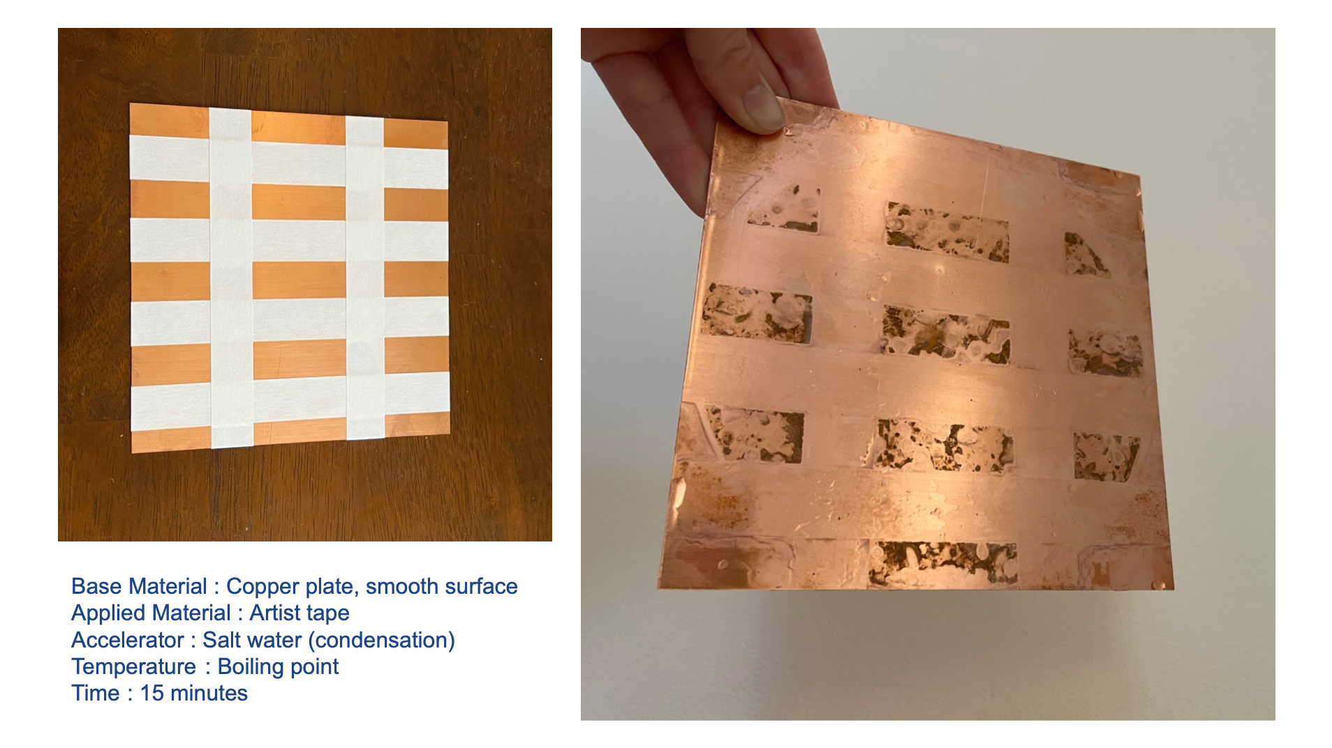 Copper plate that has been corroded/rusted with salt water.