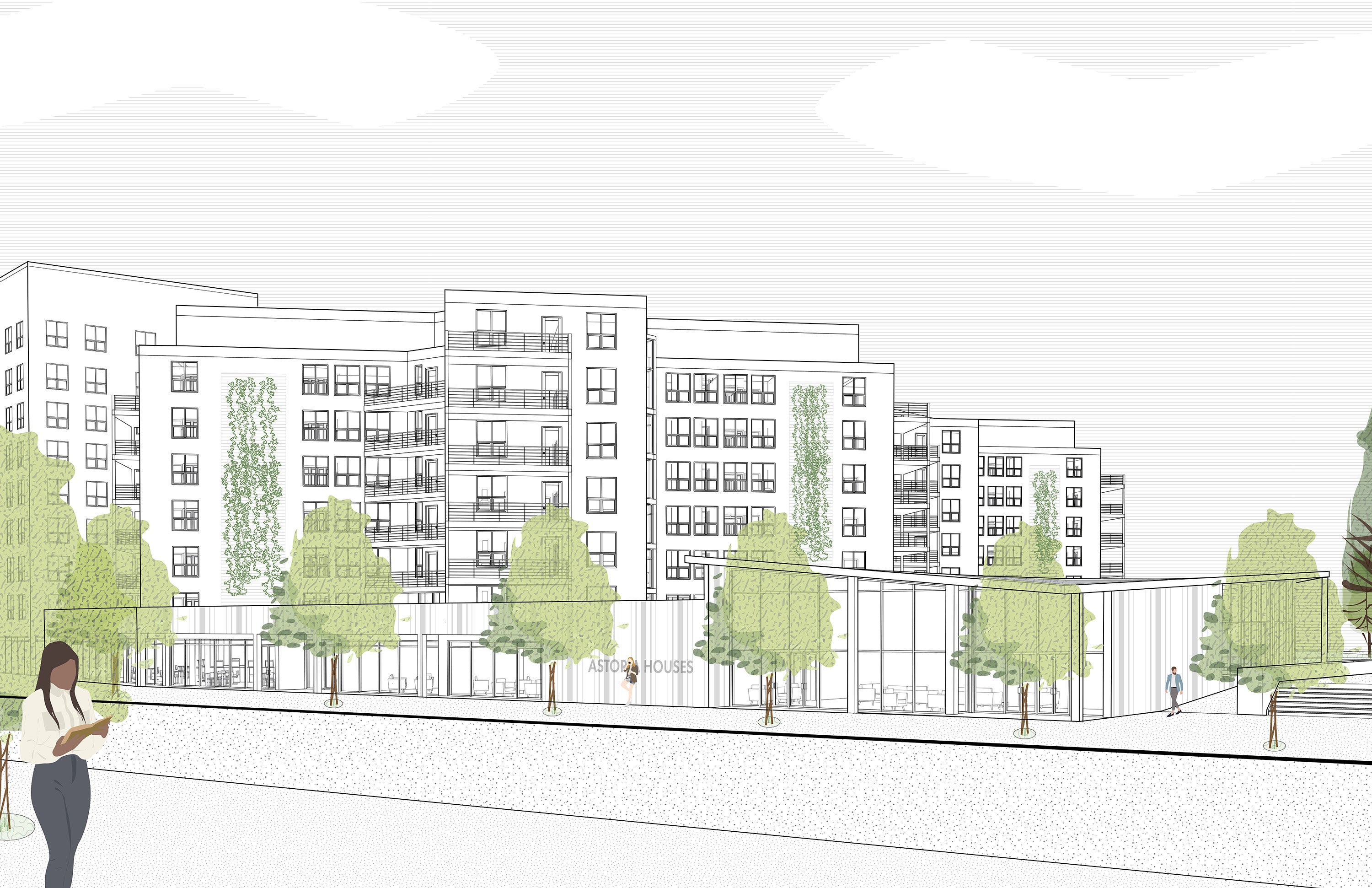 Perspective from the urban context showcasing the building and site context around it. 