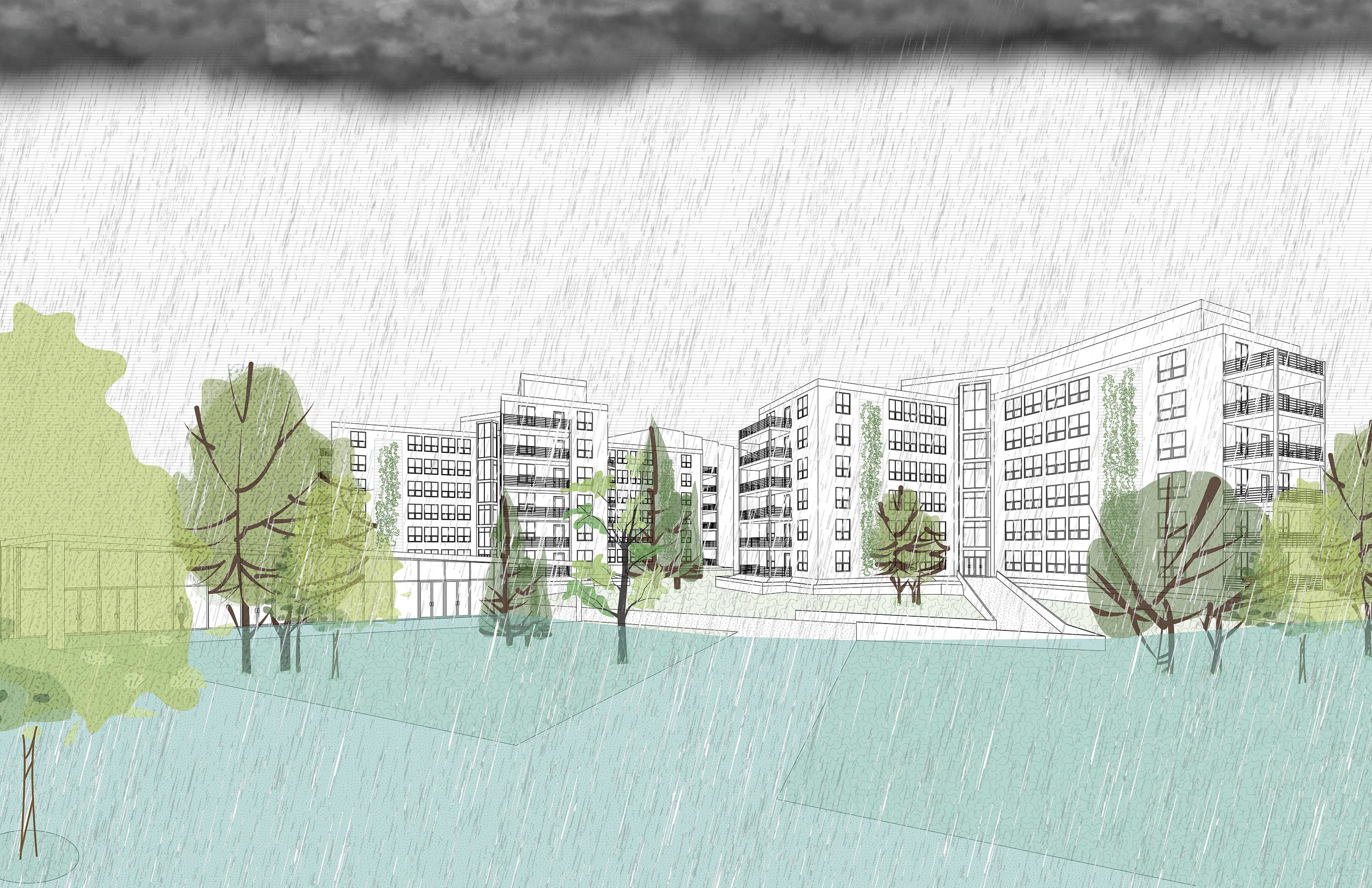 Storm conditions showcasing the flood mitigation of the building. 