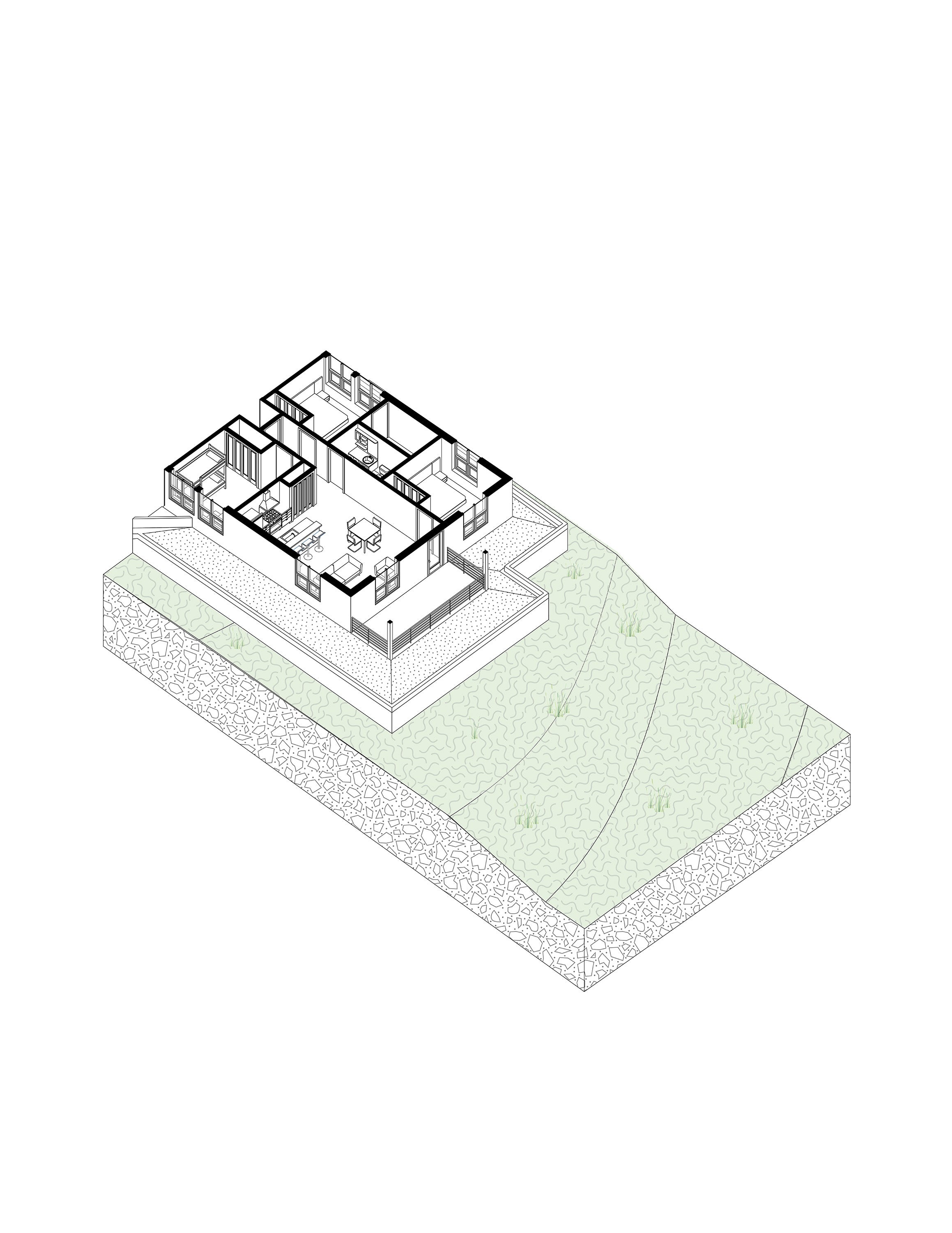 A building chunk showcasing a typical apartment unit and the surrounding landscape. 