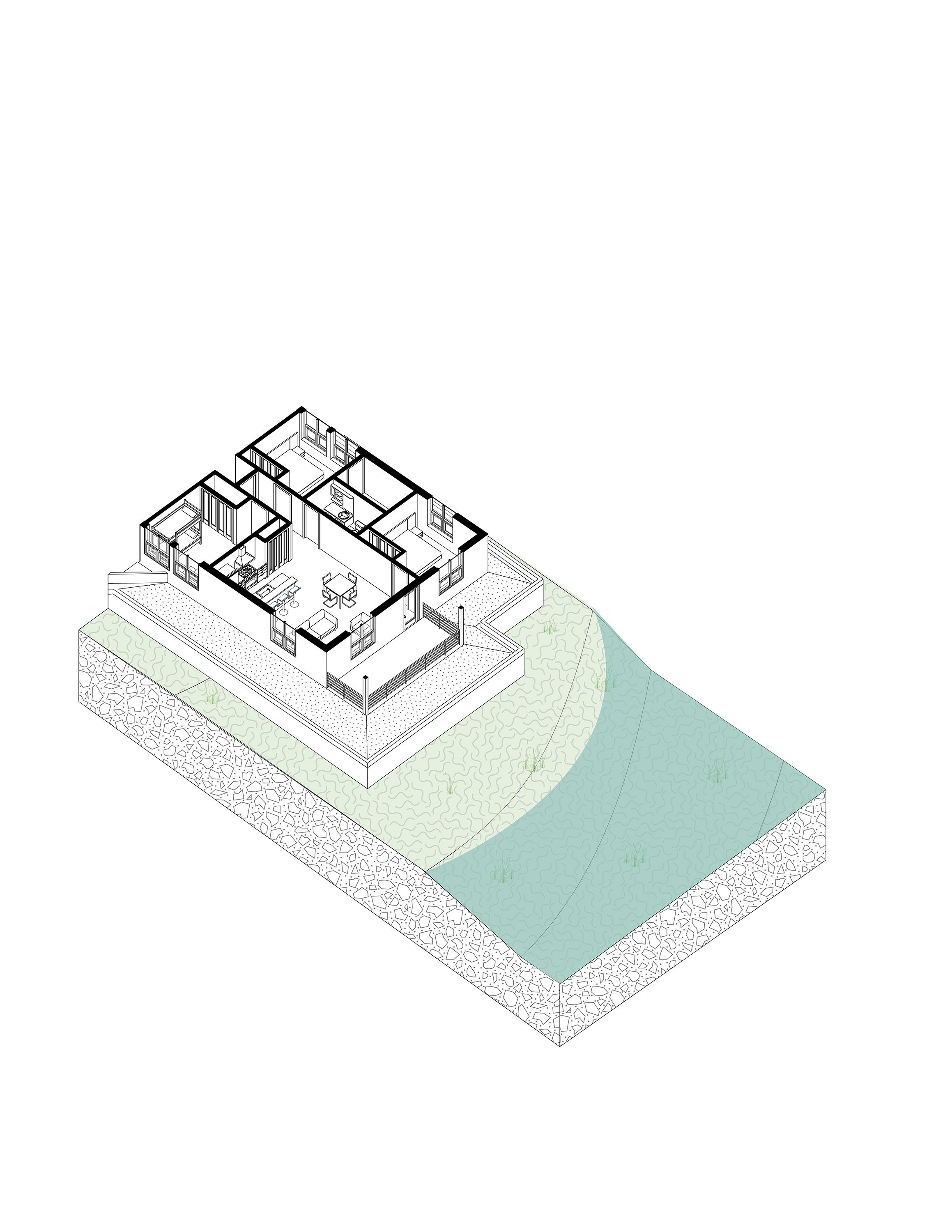 A building chunk showcasing a typical apartment and surroundings in a storm condition. 