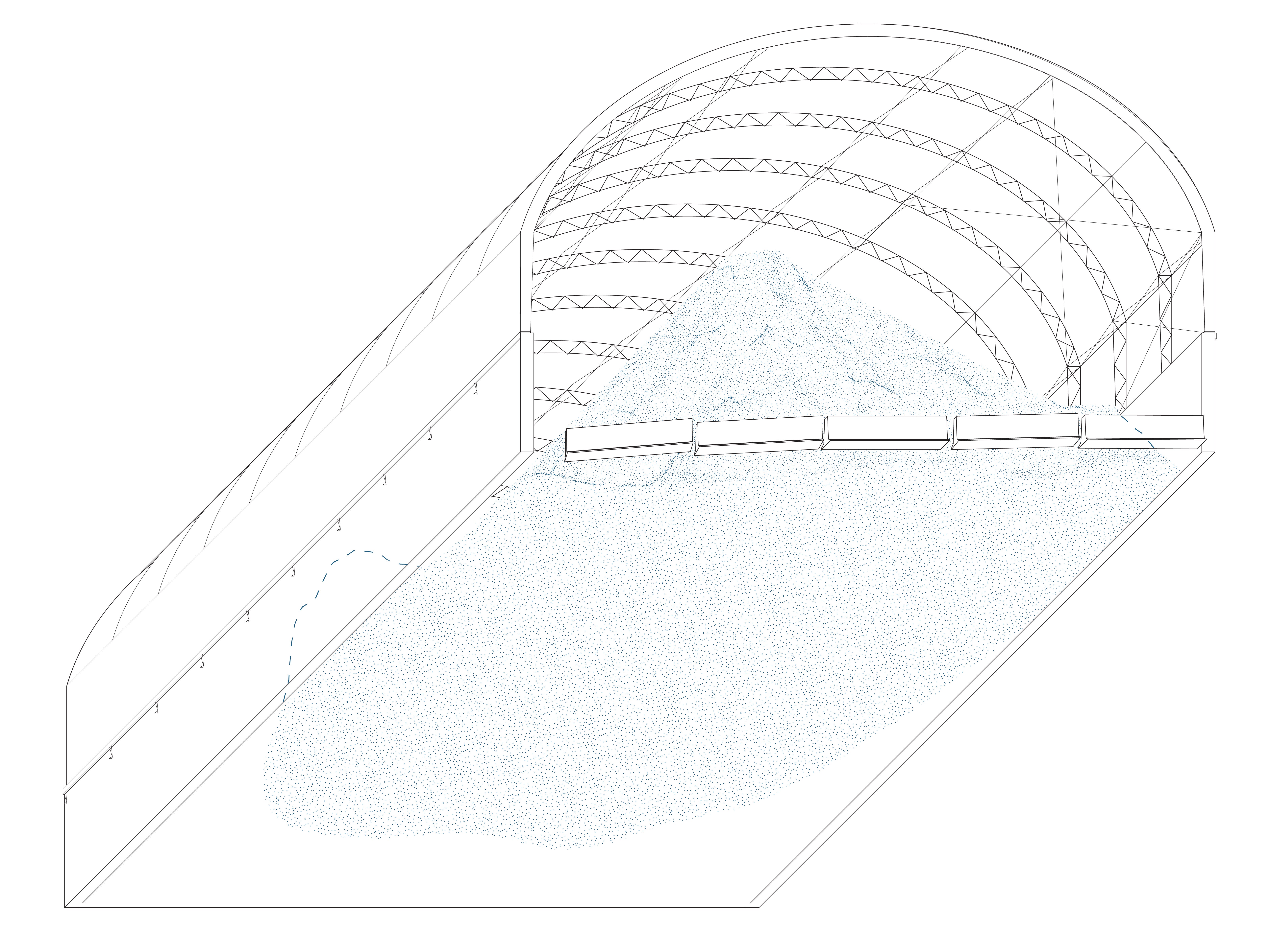 A line drawing depicting a municipal salt storage shed in Wyandot, Ohio