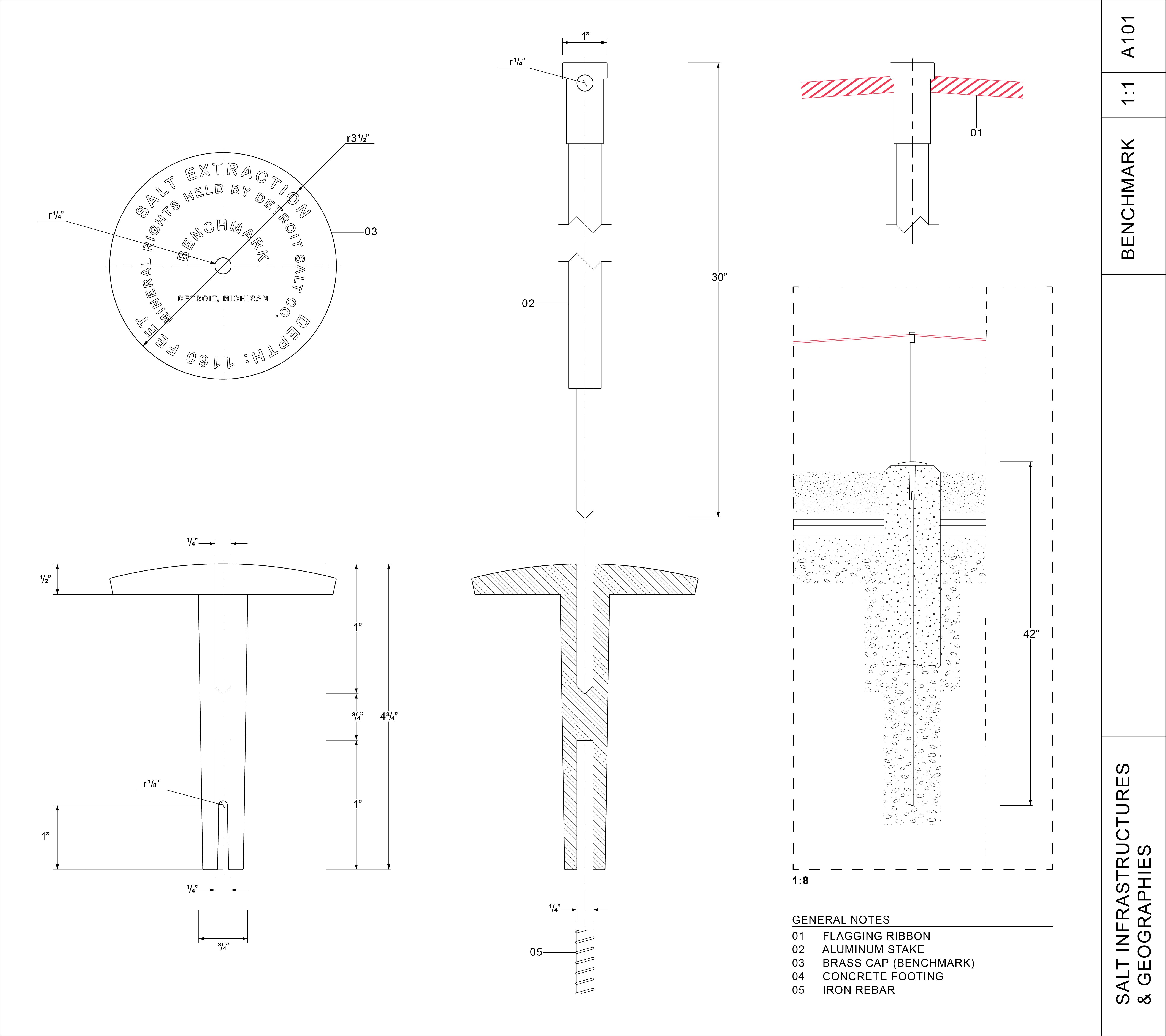 A cad drawing depicts a steel benchmark pin, meant to demarcate mineral rights and scales of salt extraction beneath the urban fabric of Detroit