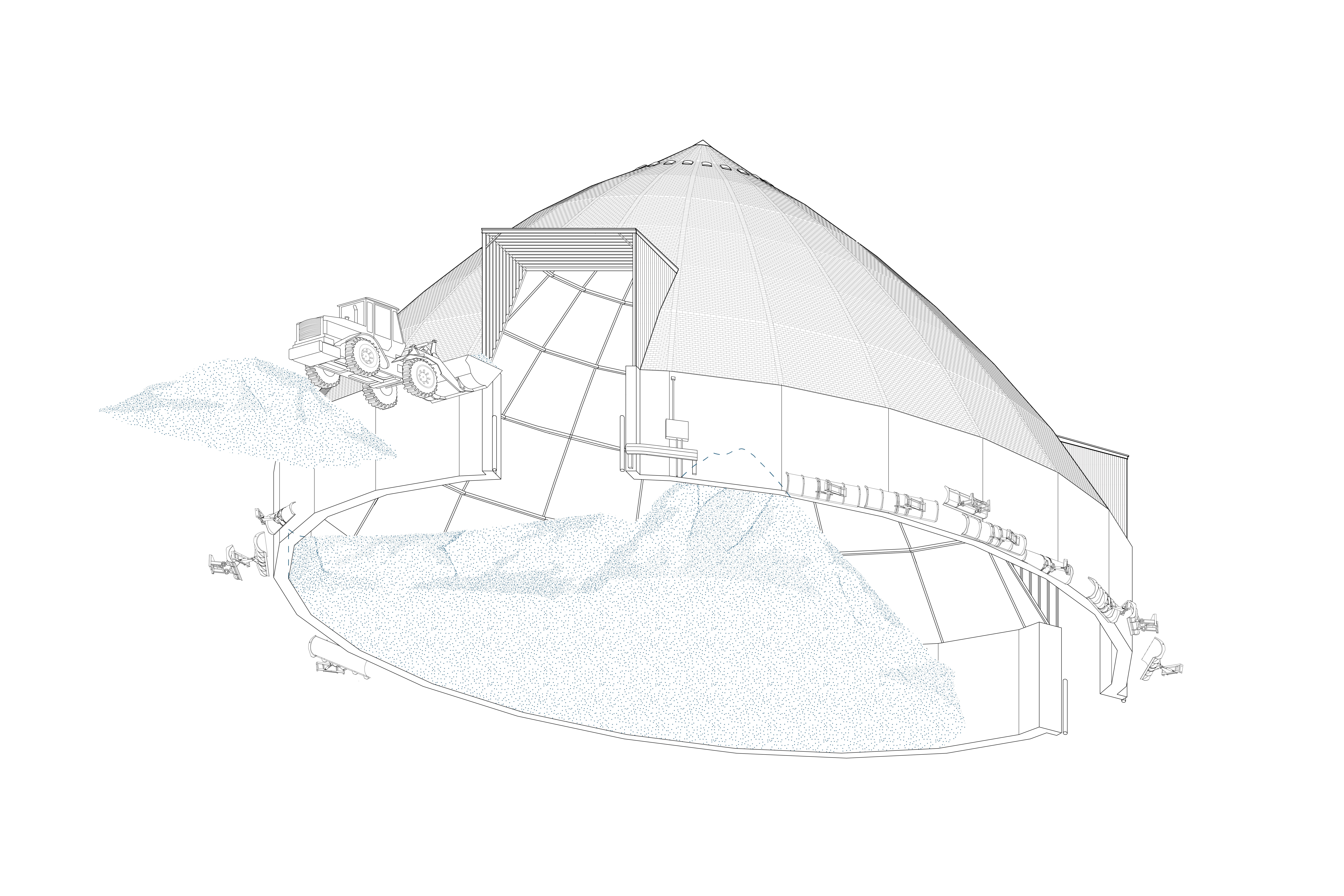 A line drawing depicting a municipal salt storage shed in Cambridge, Ontario