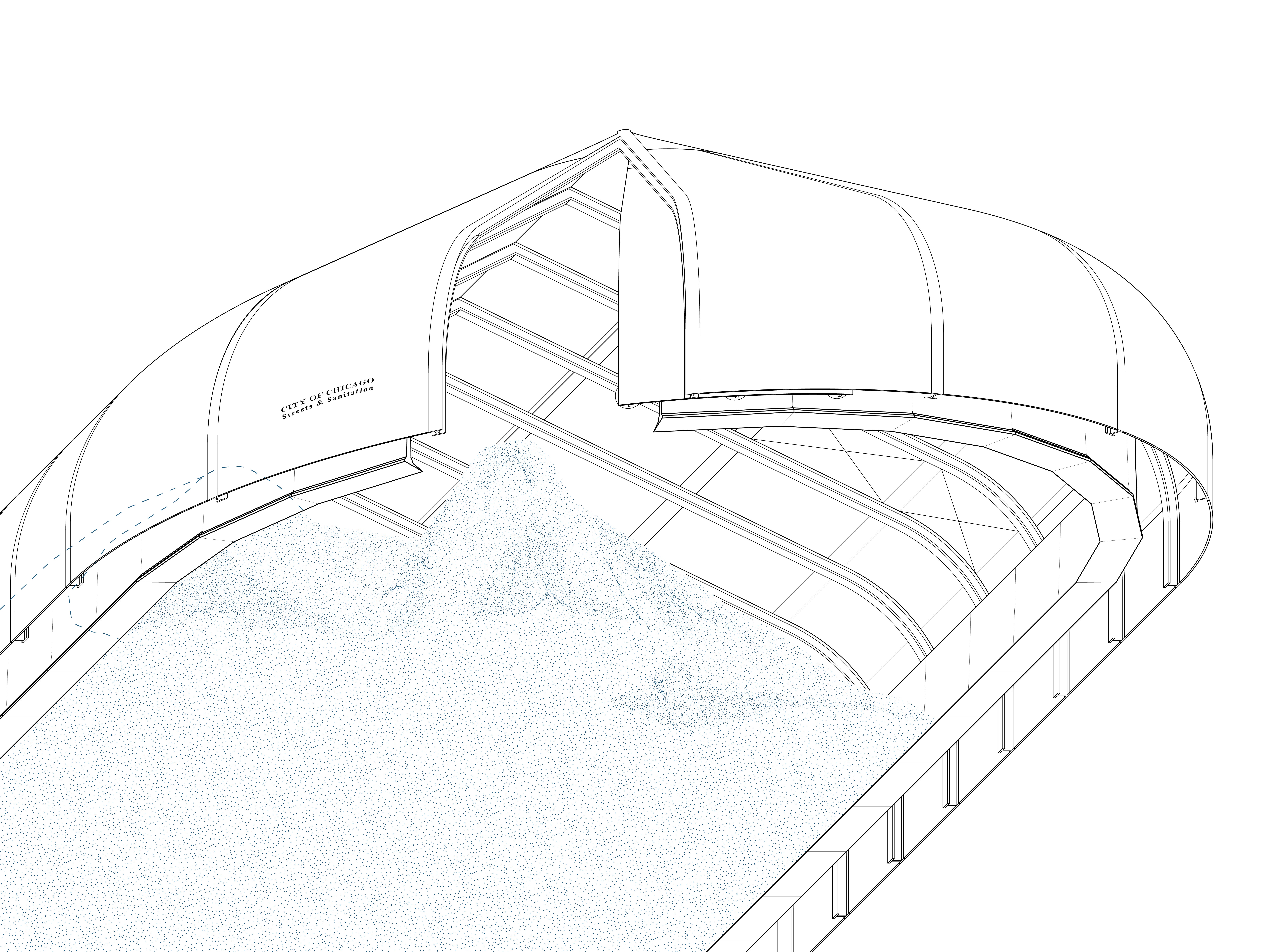 A line drawing depicting a municipal salt storage shed in Chicago, Illinois