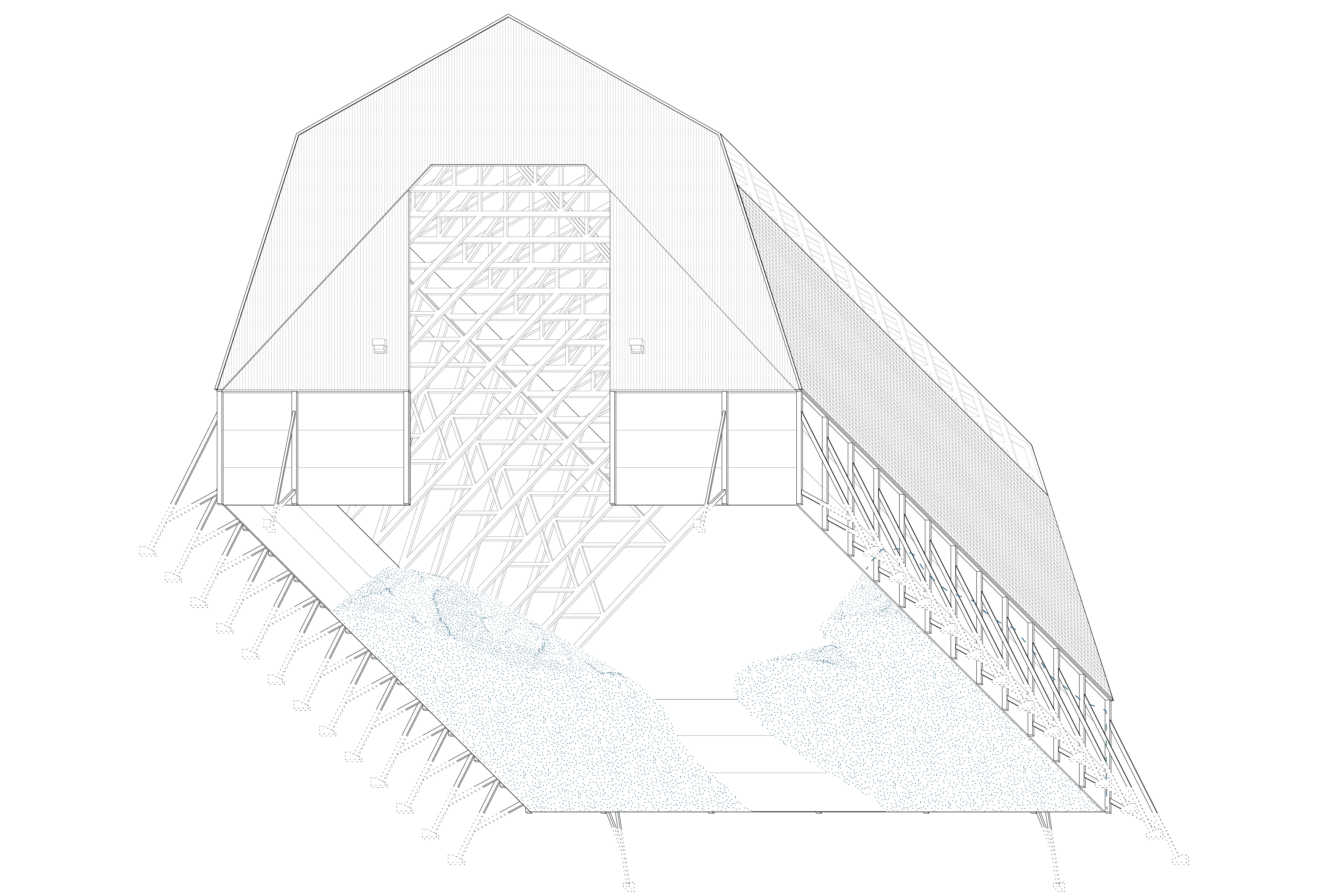 A line drawing depicting a municipal salt storage shed in Springville, New York