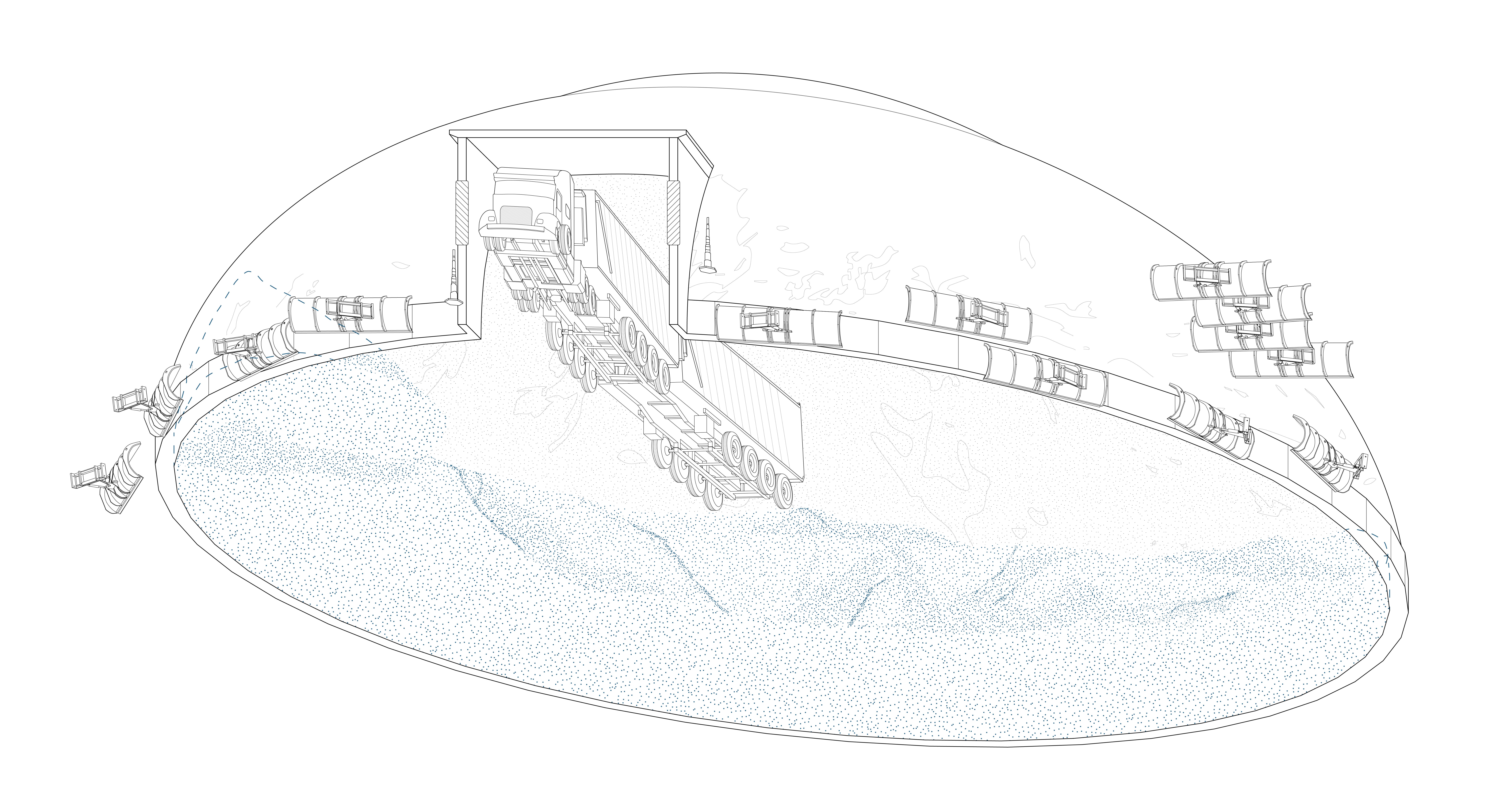 A line drawing depicting a municipal salt storage shed in Washtenaw County, Michigan