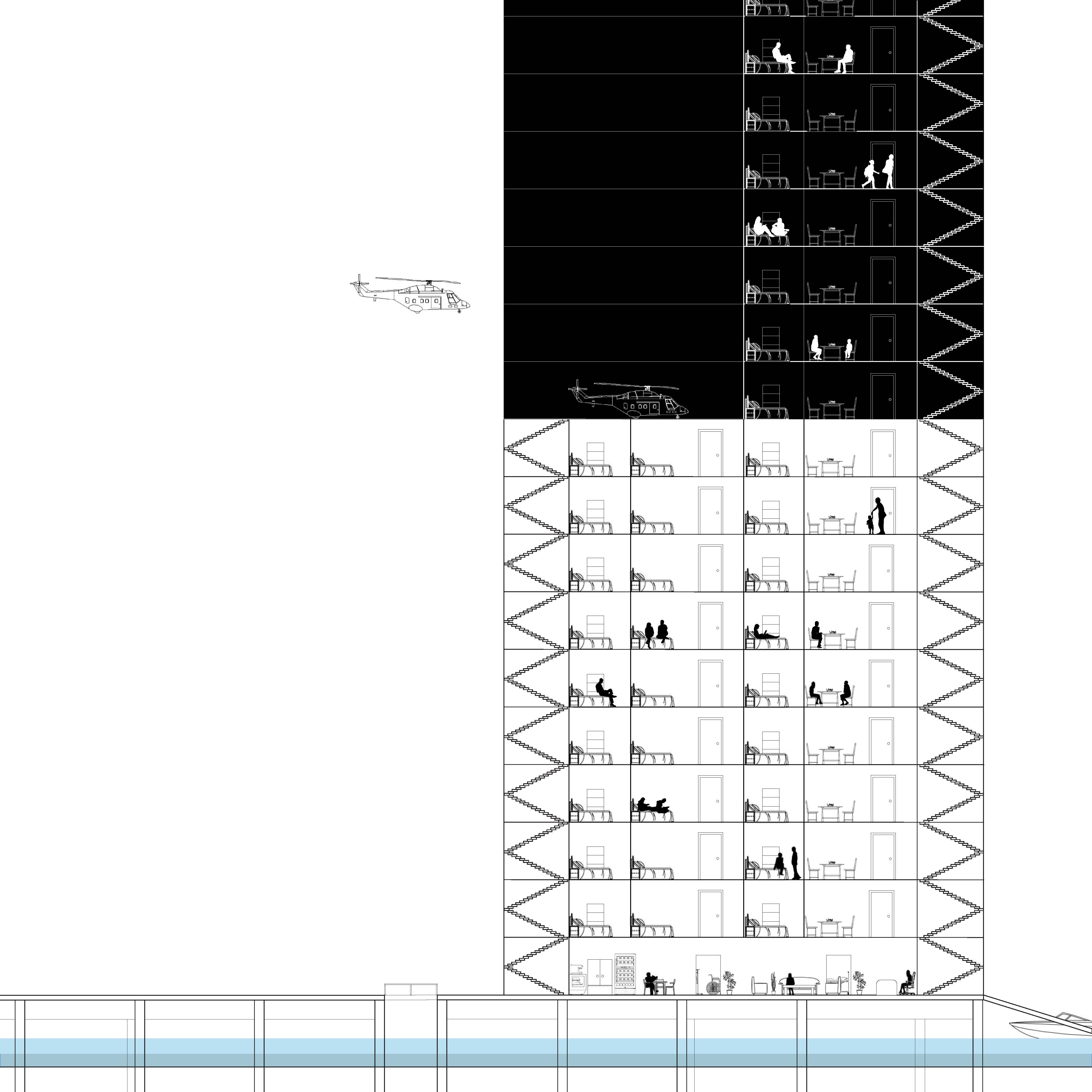 This section shows the division between the lower and upper floors as well as the program during dry conditions.