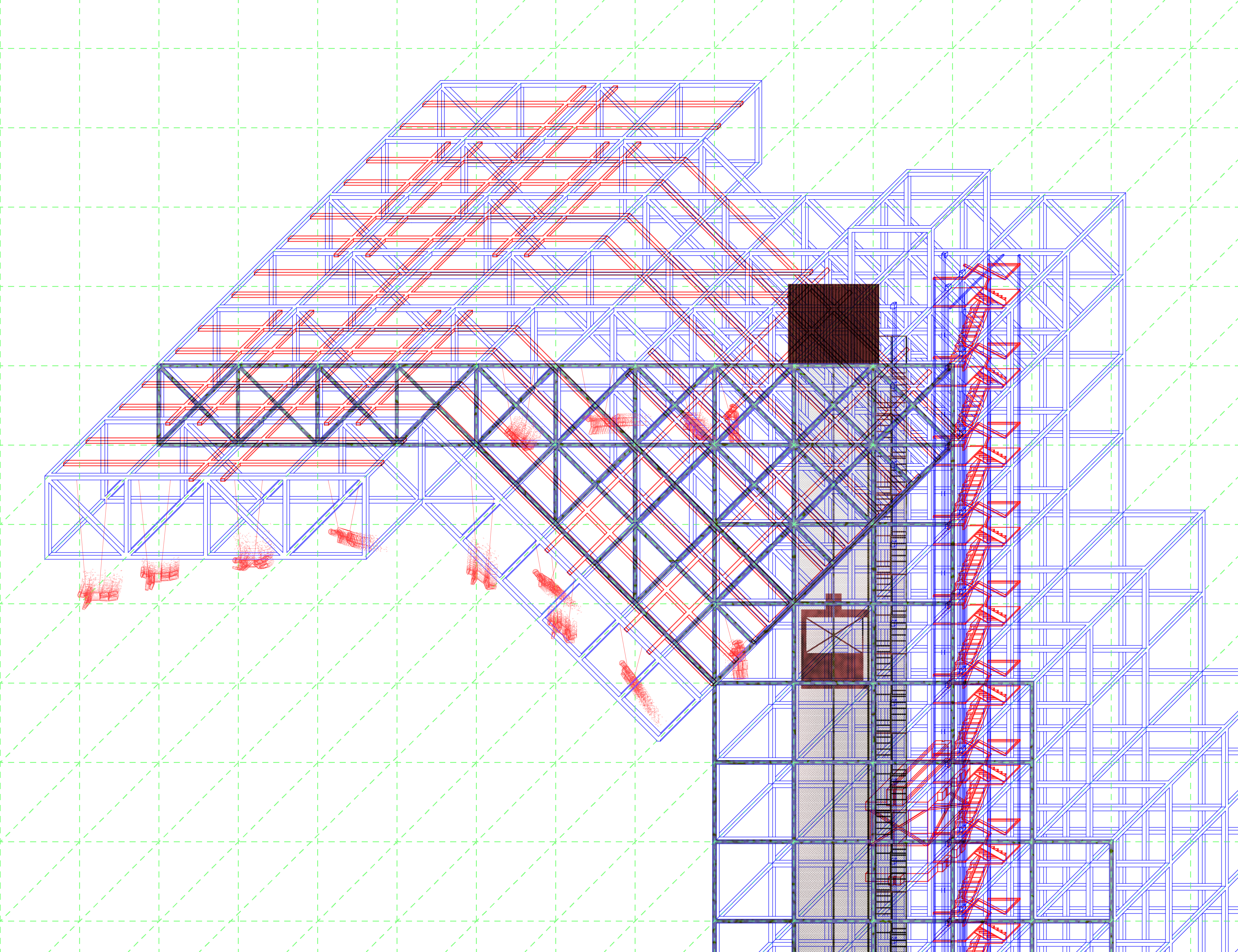 A fictional, suspending scaffold elevation drawing with visual speculations on bodily movements in/with it.