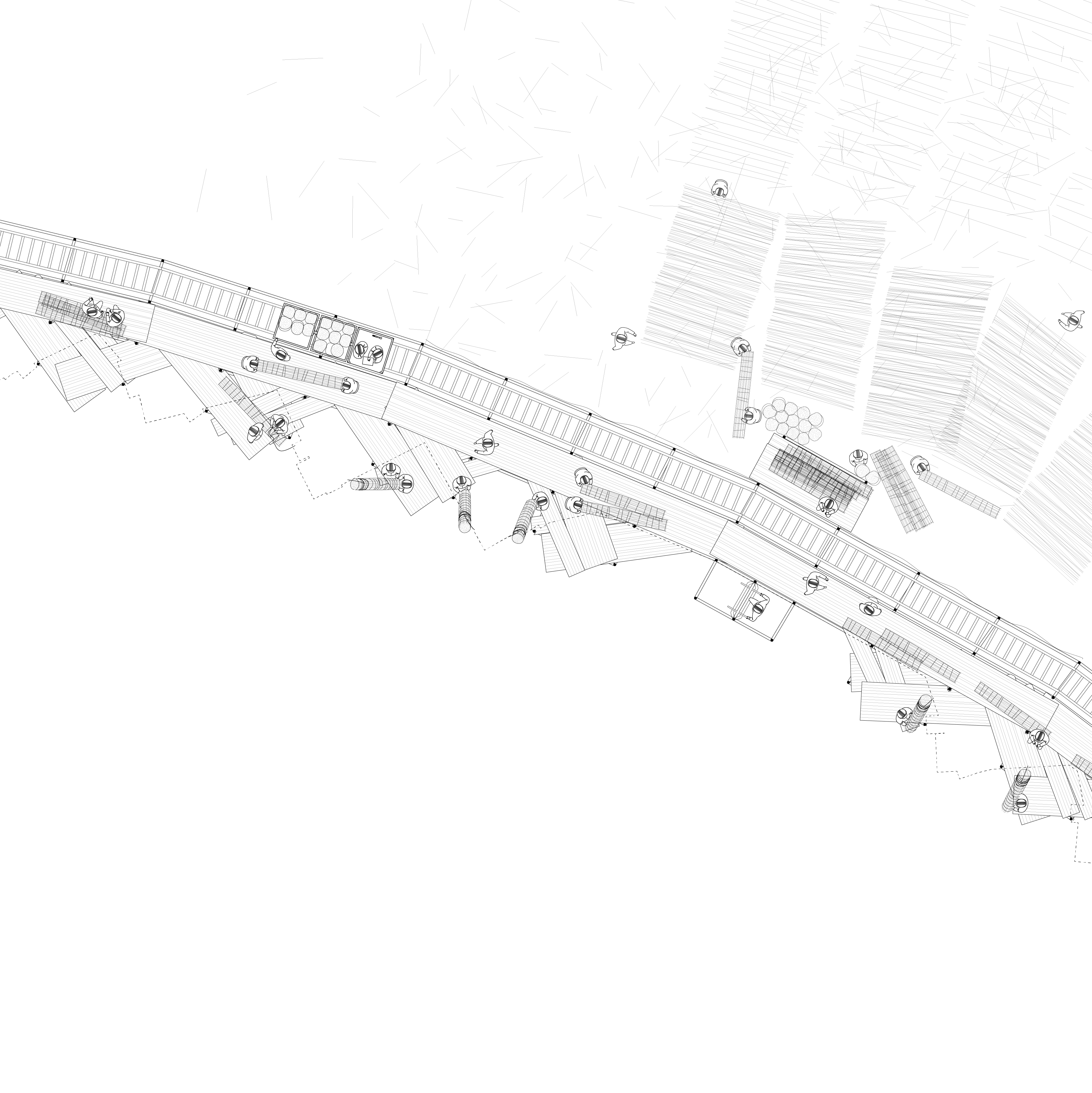 A fictional scaffold plan drawing and visual speculations on the construction activities.