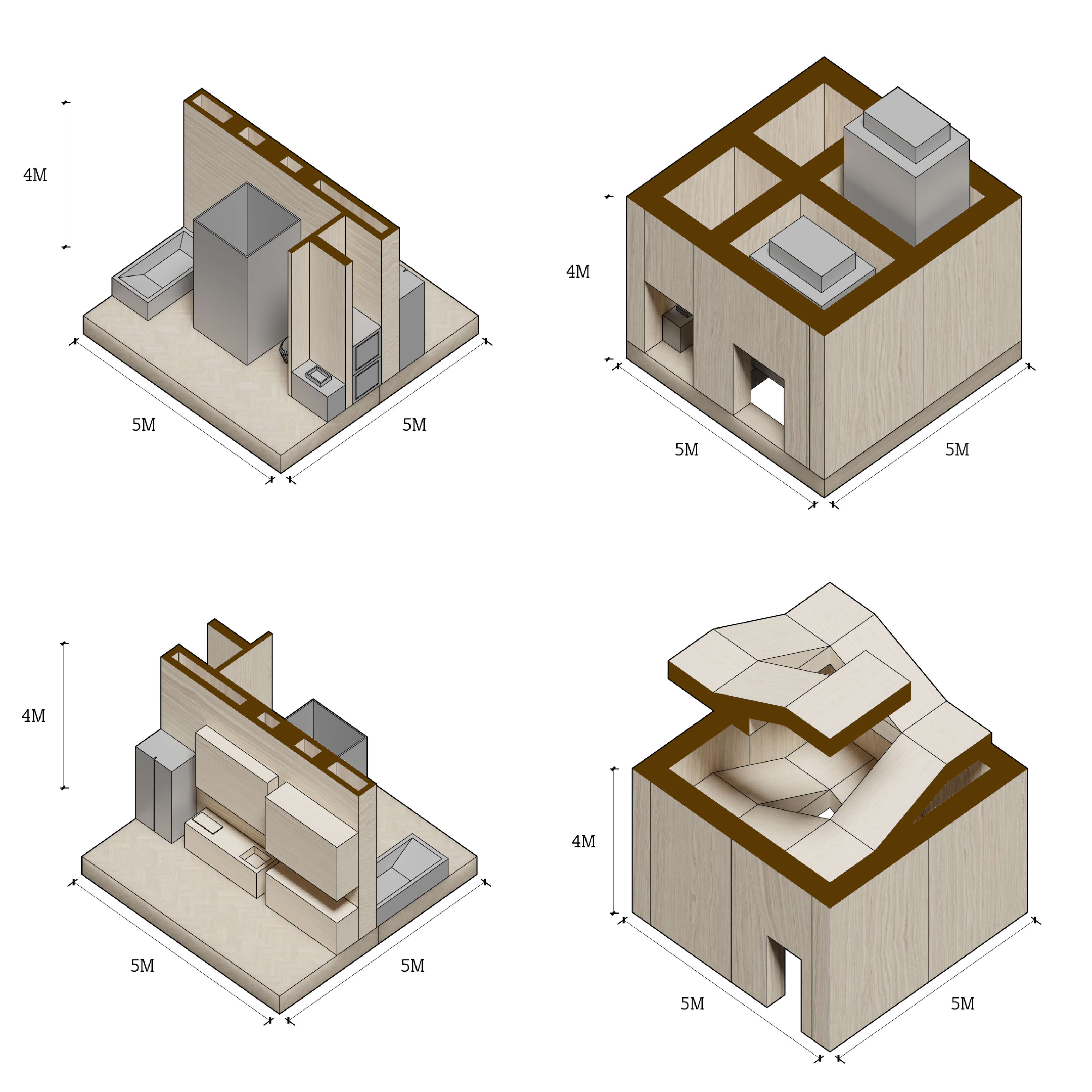 2. Space module products  The bathrooms and kitchen are two archetypical prefabricated modules. They are installed like a structural components during the construction. Because of their connective nature, Stacked like circulation cores for better connection alignment, these spatial modules uninstall as single entities. Modules are then transported to factories for recycling and downcycling, reducing the amount of trash produced upon demolition.  3. Equipment  In the spirit of maximal reusability, mechanical