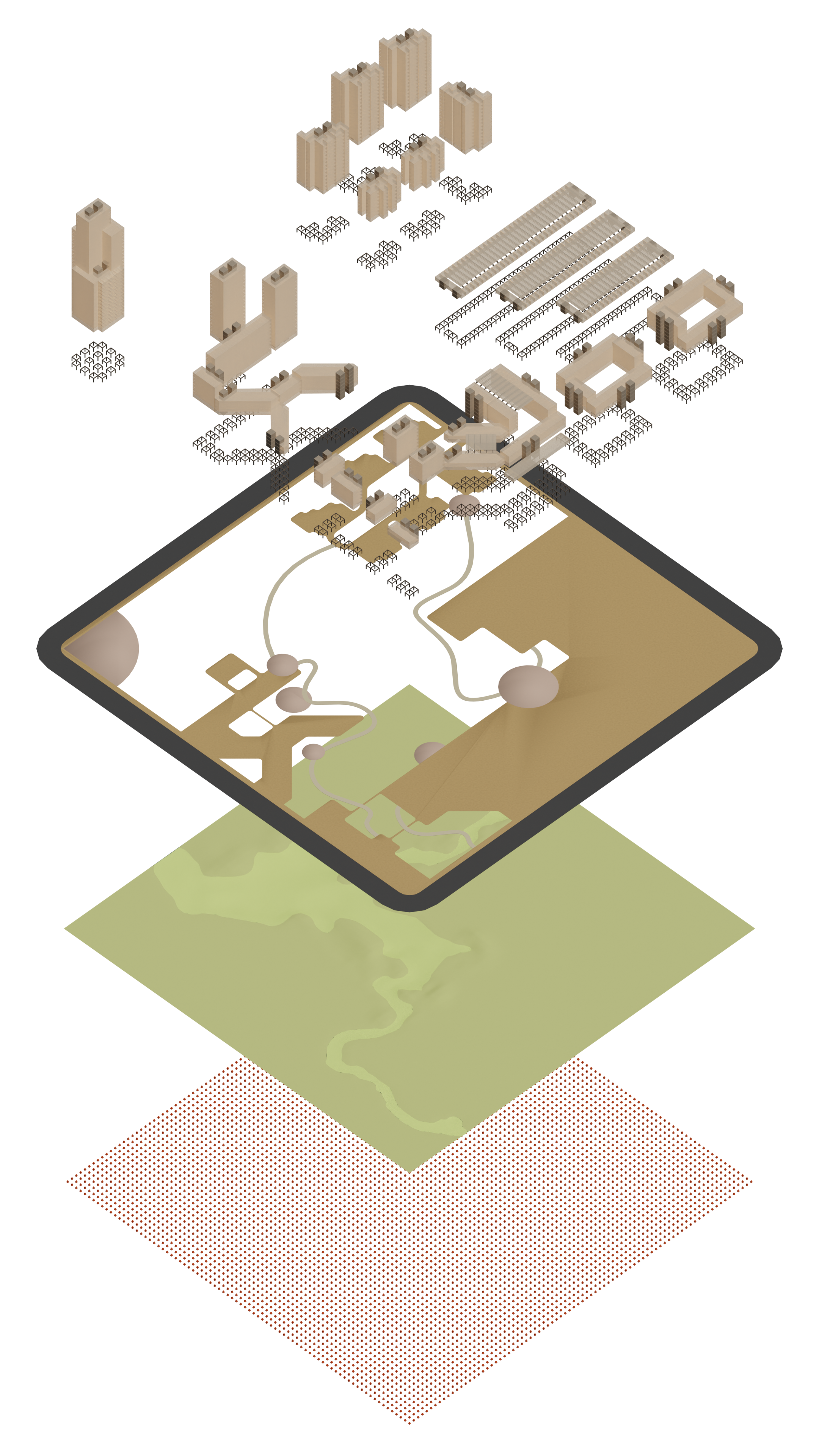 The ephemeral buildings of immortal parts sit on a versatile ground with preconstructed foundations and embedded utilities. The land is ready for buildings, roads, or agriculture. A site’s status of development becomes versatile. Farmlands become small towns, forests, factories, and so on. All transitions happen in a low-impact way with maximum flexibility.