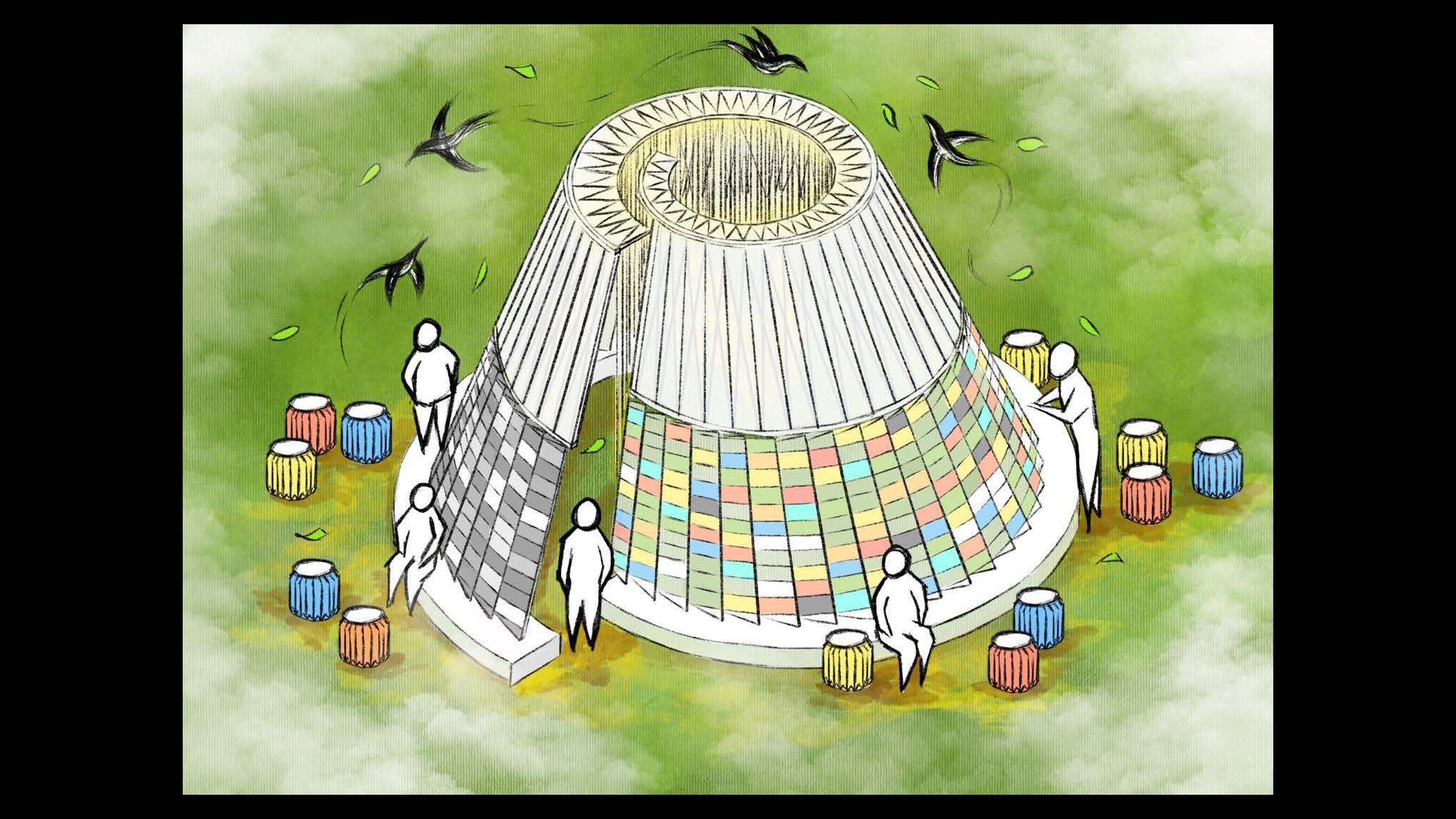 I imagine if there is a place for us to embrace trauma in our surrounding world.  It looks like a translucent, blurred cone with a skylight. There are numerous bearings from the seemingly light but heavy base close up to the top. Translucent pages rotate slowly in the wind on bearings.  I enter the cavernous entrance, where the structure above divides sunlight into intermittent flashes of light between bamboo leaves. The mottled bamboo shadows on the ground become pavement. On the left side is a series of t