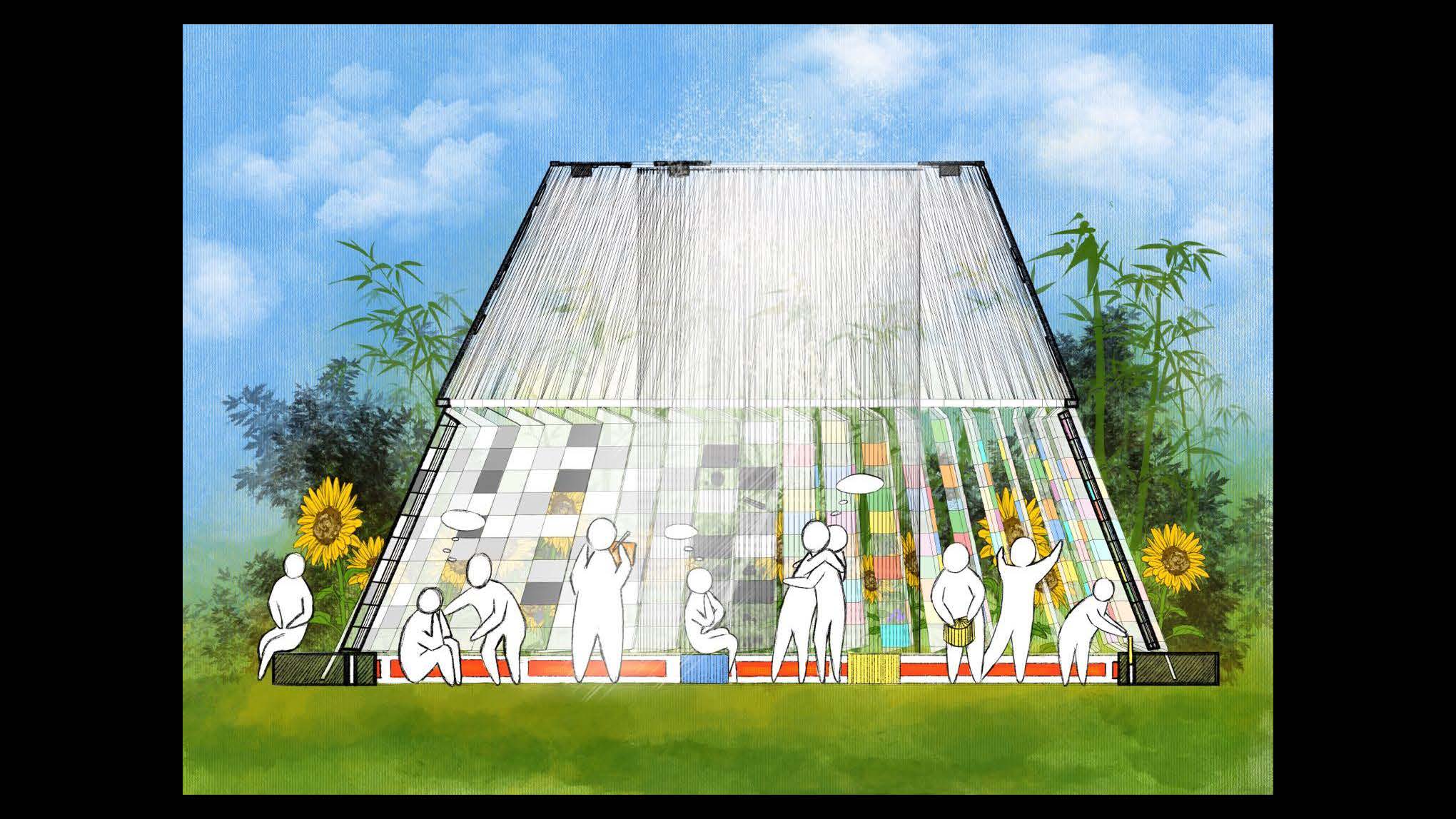 People also seem to be attracted to this strange object and walk in it. Looking at the story and the instructions, they also put their stories into transparent slots. The whole space in the shuttle figure gradually becomes bright color. The sound of pages spinning, people talking, and the smell of paper echo through the space. People enjoy, communicate, immerse, inspire, and write their own stories and look for stories they like.
