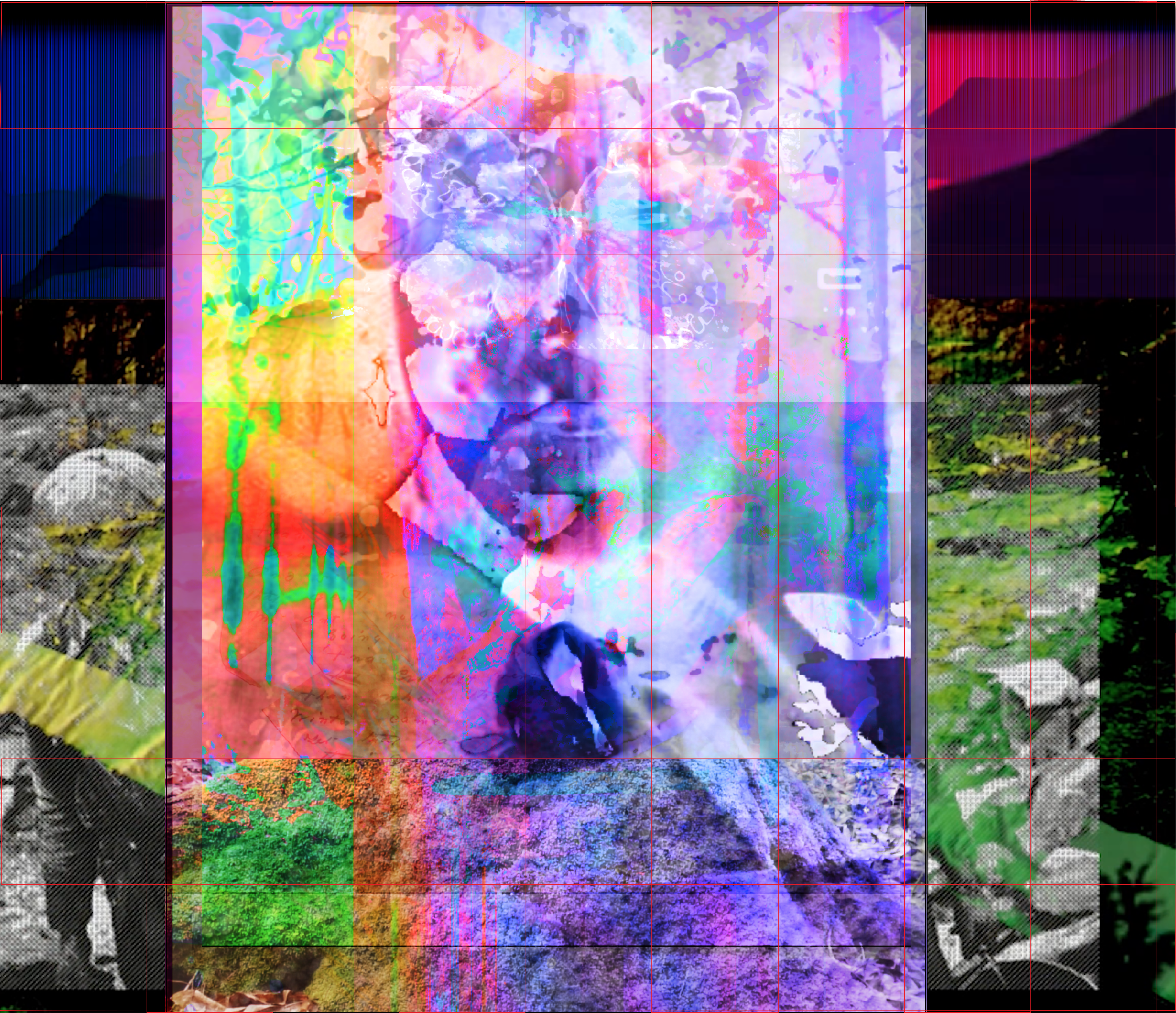 The pattern shows bright colors and a person with a butterfly hovering over their eyes. Moss and mountains expand from them, becoming a coal miner, a letter, a planet, and a rose. Red thin lines indicate how Cribbs cut the pattern into squares.