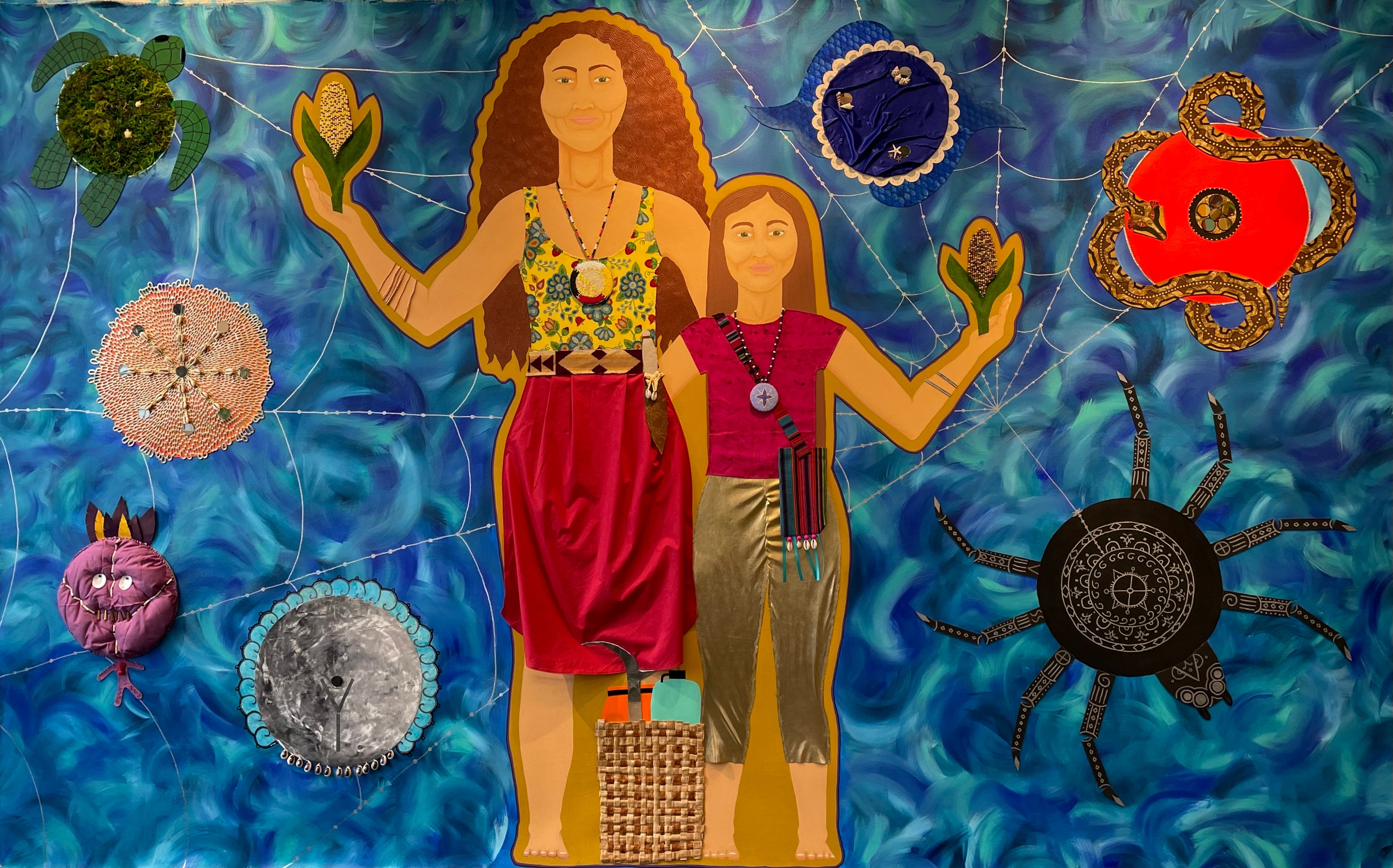 A mother and her daughter navigate a watery scene surrounded by seven circular beings. 