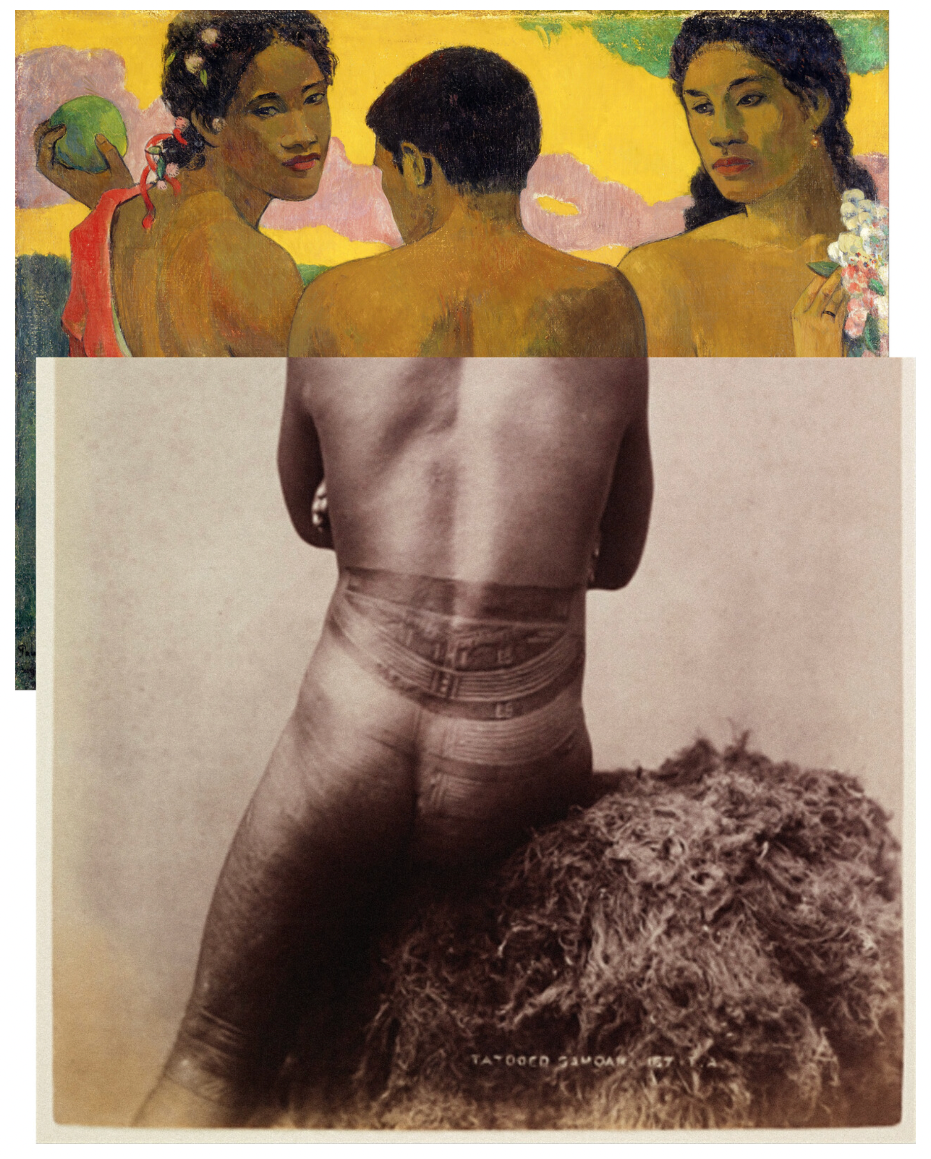 Yuki Kihara's work Three Tahiti Samoans after Gauguin combines a painting by the painter Gauguin of two feminine presenting and one male presenting Tahitians and a cropped sepia photograph of a male presenting body facing away from the viewer. The painting and photograph are cropped so that the man's upper body lines up exactly. 