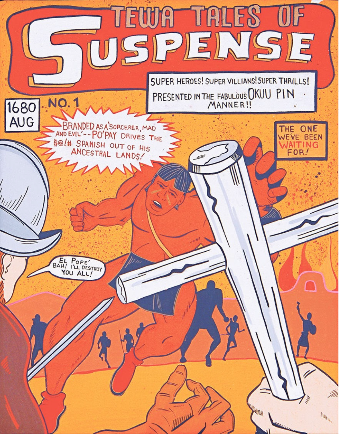 Jason Garcia's Tewa Tales of Suspense is a clay tile painted to represent a comic book cover featuring the Pueblo figure Po'pay in the foreground reaching for a white wooden cross held by someone out of scene while a Spanish warrior to the left defensively apprehends the protagonist. In the background, the blue and orange outlines of people and buildings appear in the distance.