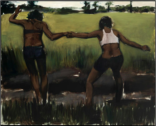 Yiadom-Boakye’s A Toast To The Health Of (2011) owes a compositional debt to Marshall’s The Vignette #13 (2008). In both pictures, figuration and landscape combine to form an intimate link to pastoral painting. Two black figures, with their backs to the viewer, hold hands as they appear to walk further into the distance of the picture plane. The ease and affection between the two figures is suggested by the playful manner with which the two young women lead each other in their attempt to cross a swamp (A To