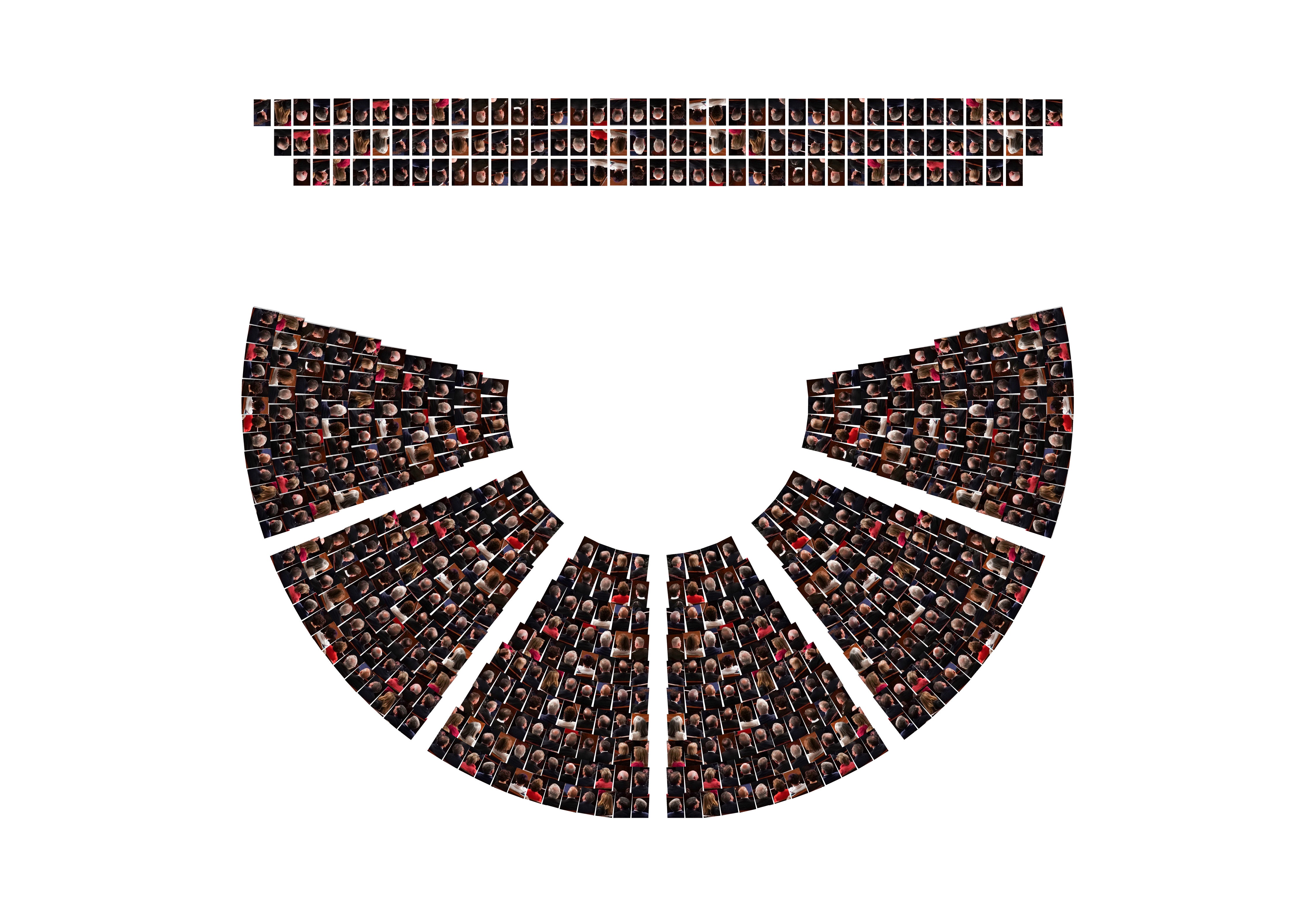 This image shows the cutout image of the politicians' heads facing away and is arranged based on the seating plan of the chamber of the United States House of Representatives.