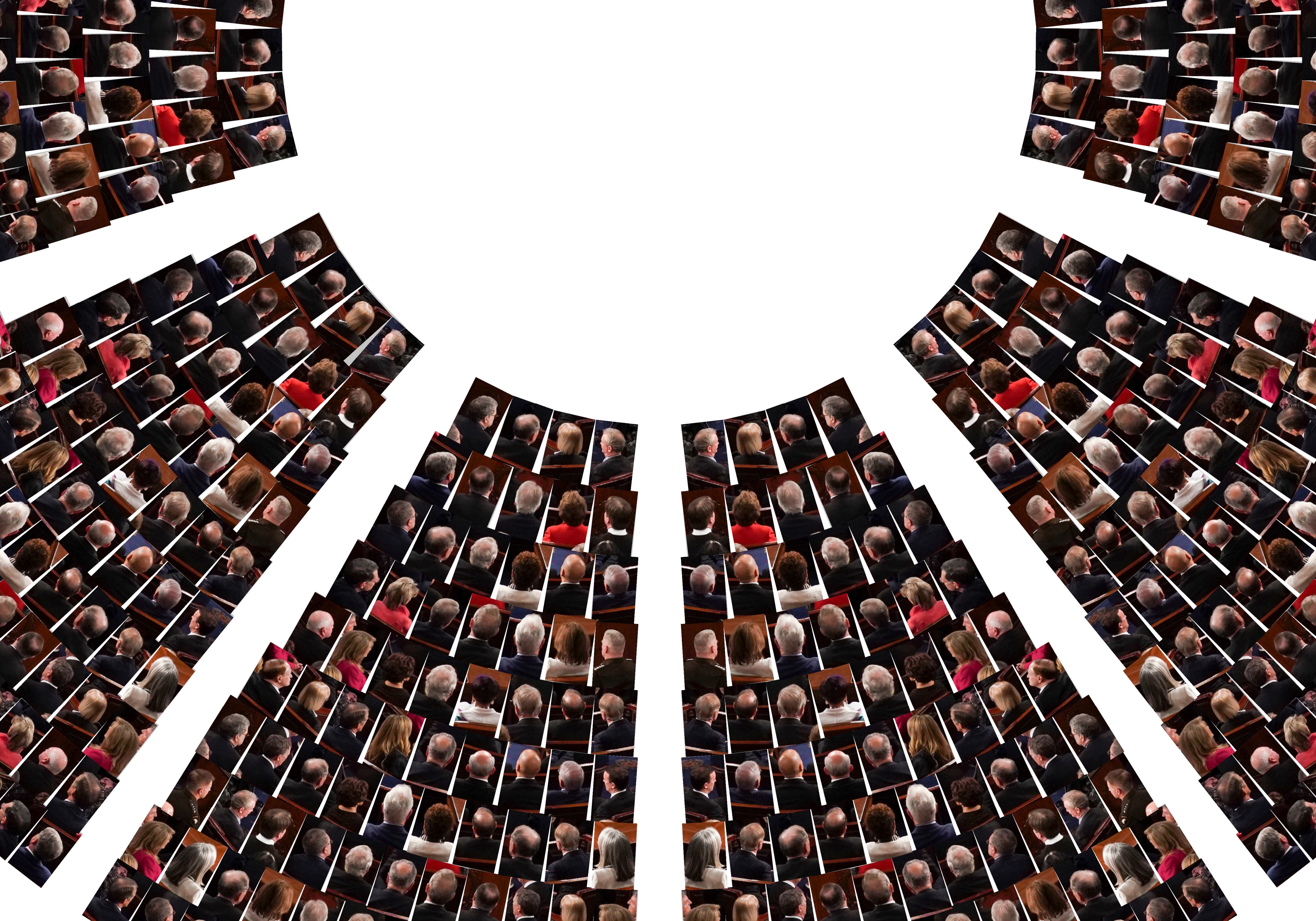 This image shows the cutout image of the politicians' heads facing away and is arranged based on the seating plan of the chamber of the United States House of Representatives.