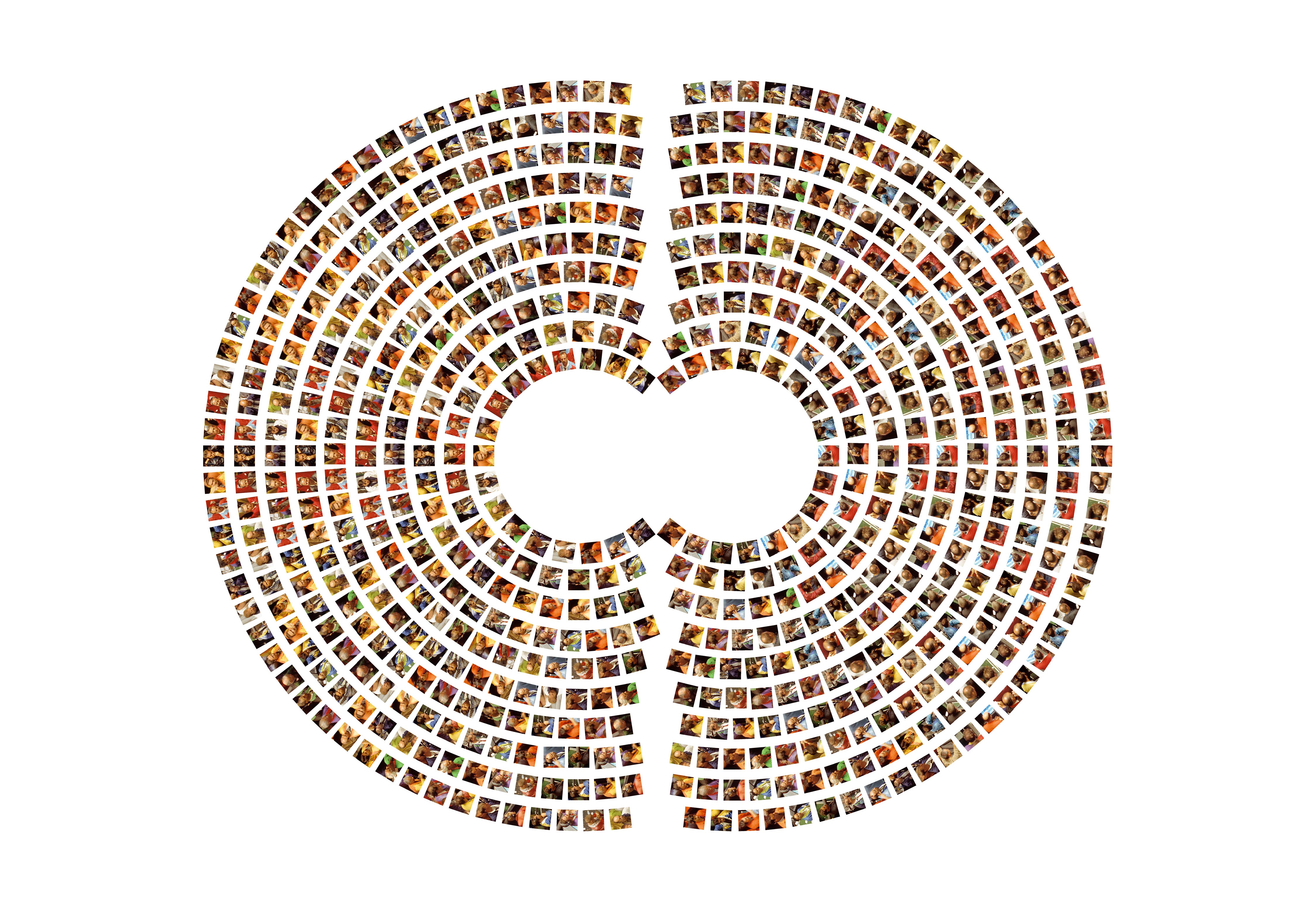 This image shows the cutout image of many stock traders' portraits arranged based on the interior plan of the New York Stock Exchange pit.