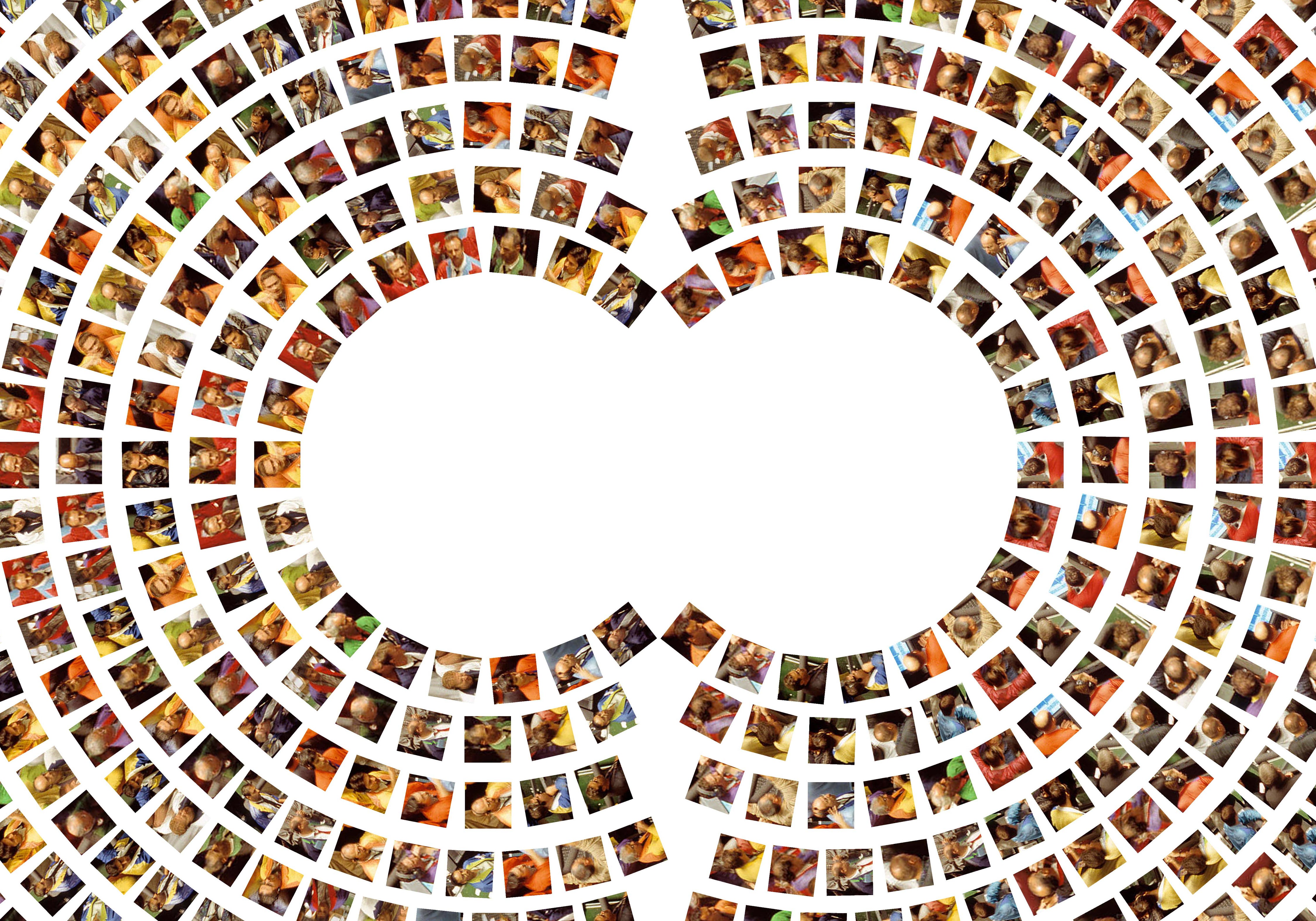 This image shows the cutout image of many stock traders' portraits arranged based on the interior plan of the New York Stock Exchange pit.
