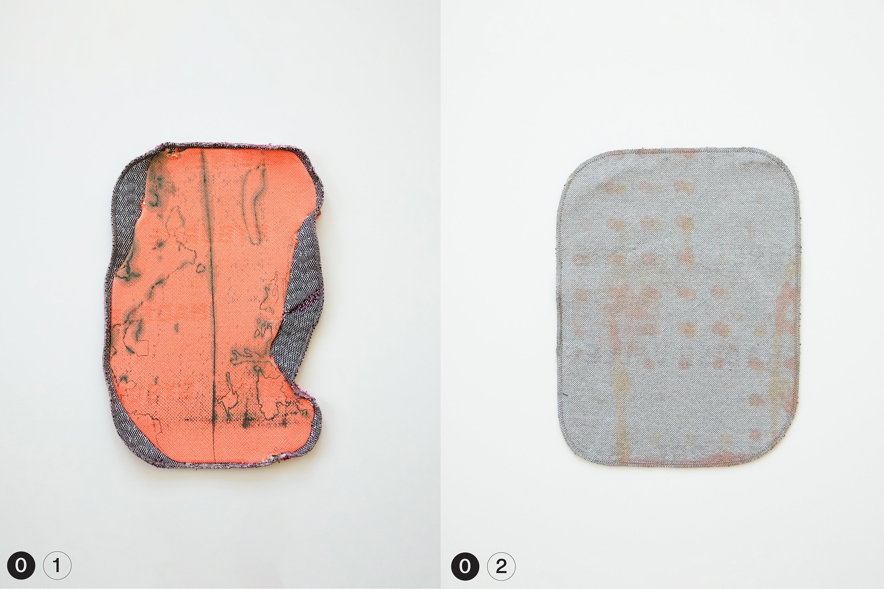 01: Applied phase-changing pigment, suspended in silicon via screen-printing on 80% recycled polyester and 20% cotton knit. Left in vapor chamber for twenty-six minutes. 02: Applied phase-changing pigment, suspended in an earlier version of the silicon mixture. Printed via screen-printing on 100% cotton knit. Left in vapor chamber for twelve minutes.