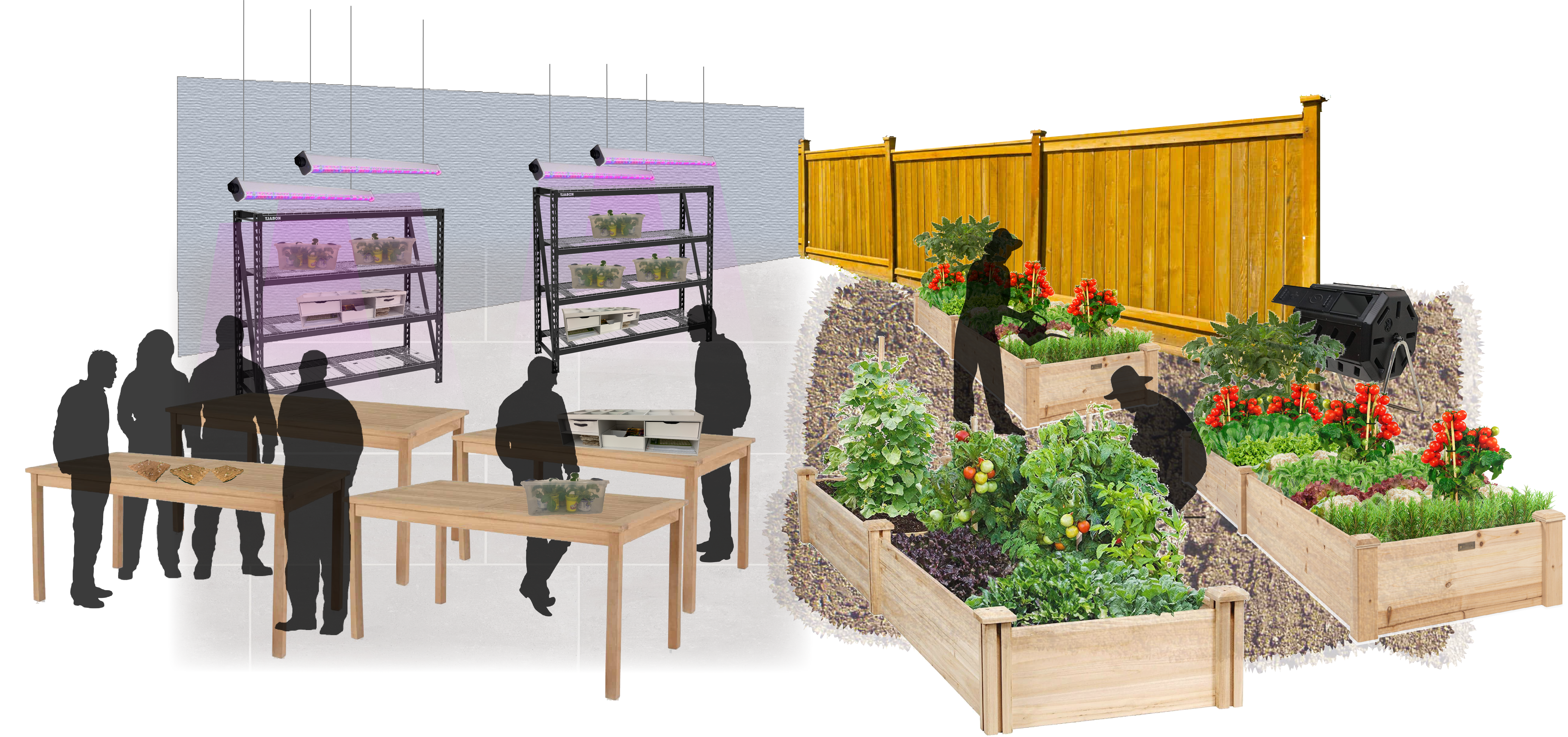 Collage image of providence winter gardening program highlighting three areas of focus: introduction, crop planning, seed germinating