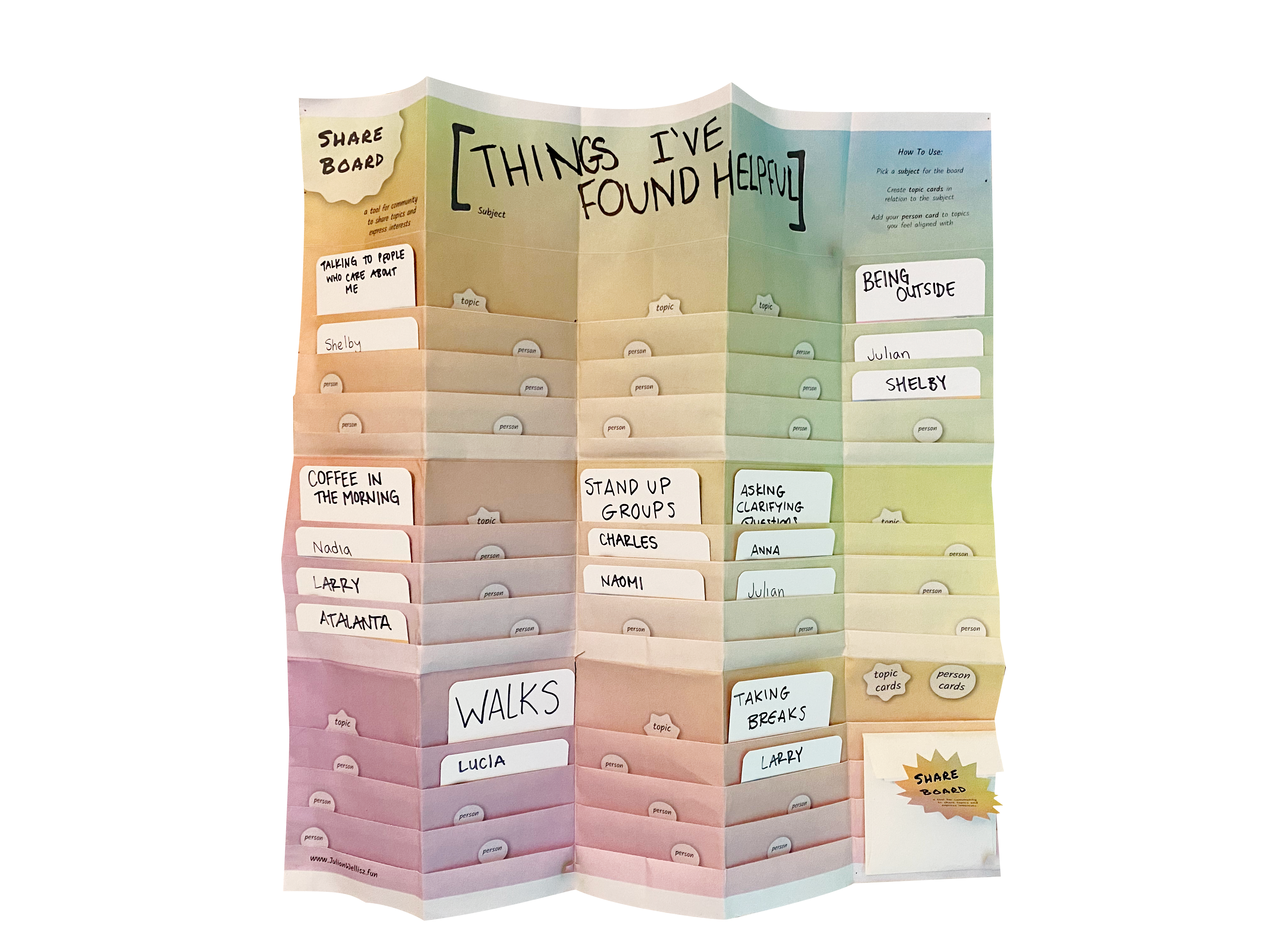 A  muted gradient piece of paper that's accordion folded to create a bunch of slots in which people have placed cards. "Things I've Found Helpful" Is written on the top of the board. 