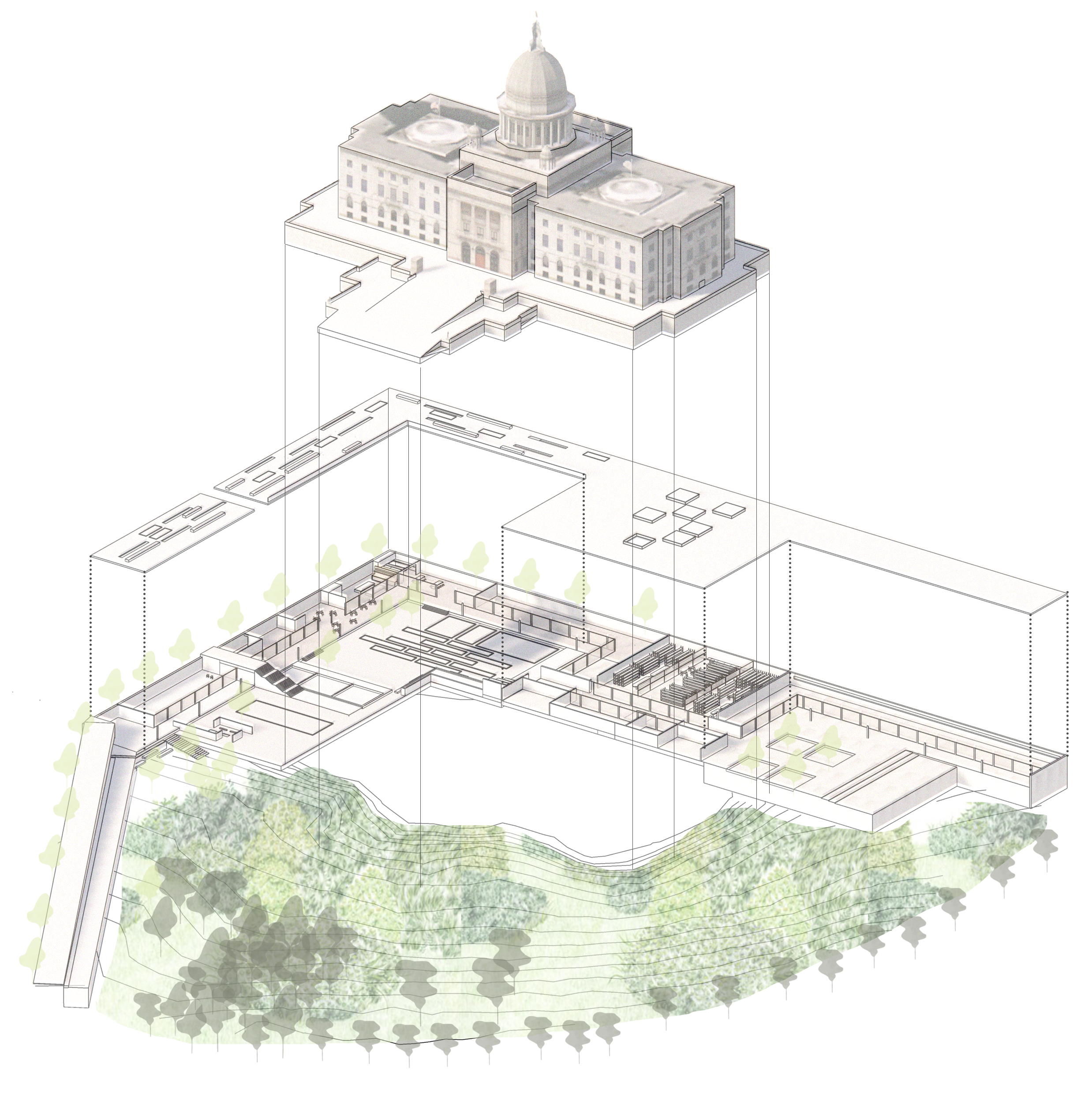 With direct contact with the earth, the new intervention acts like a bridge between the State House and its city. It organises spaces dedicated to food production, education, leisure and social life to promote mutual understanding and solidarity between the government and it’s food systems. 